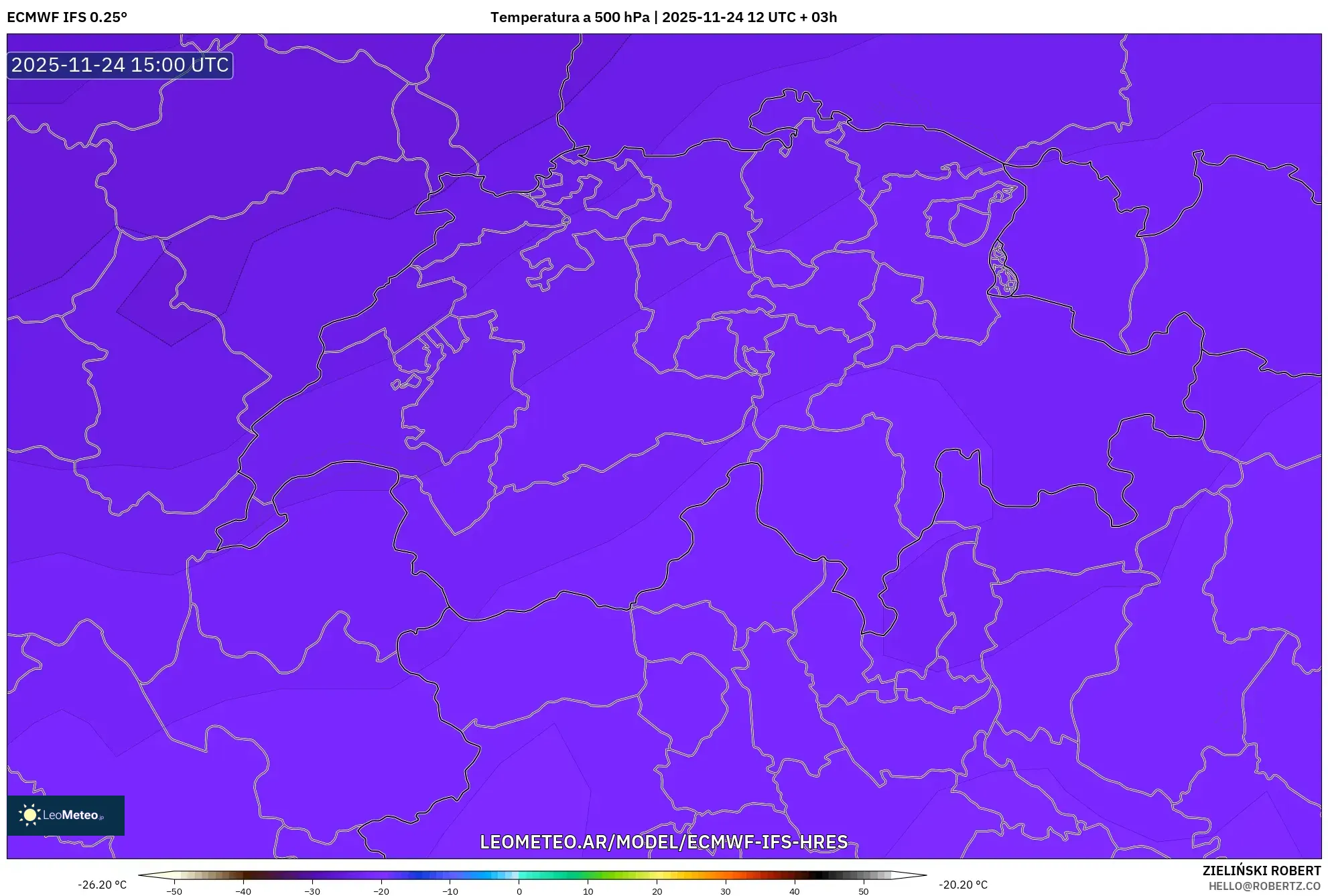 ECMWF IFS 0.25° model - Suiza, Temperatura a 500 hPa
