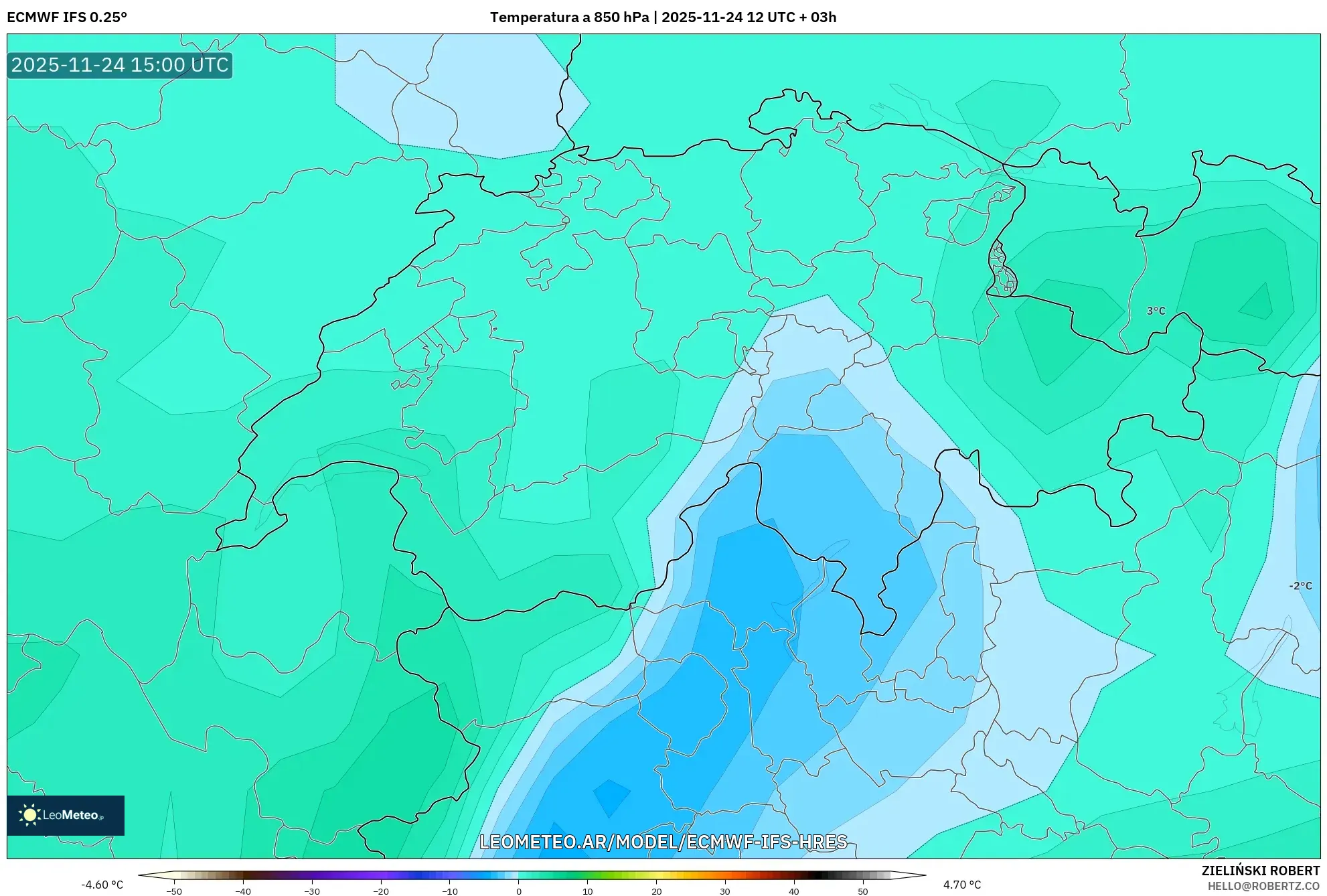 ECMWF IFS 0.25° model - Suiza, Temperatura a 850 hPa