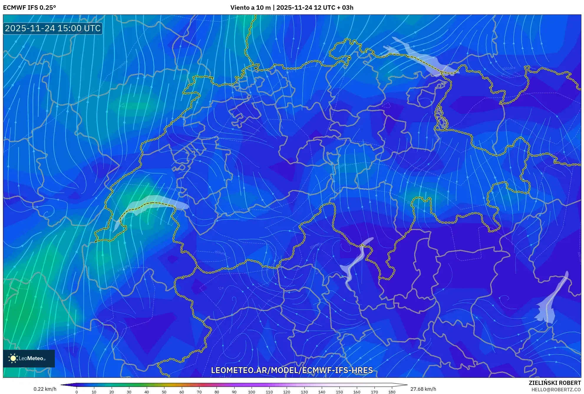 ECMWF IFS 0.25° model - Suiza, Viento a 10 m