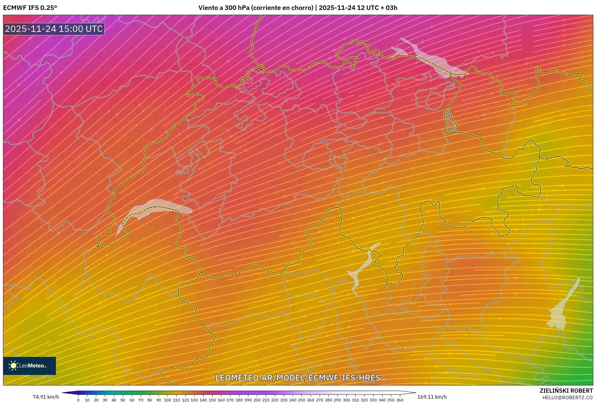 ECMWF IFS 0.25° model - Suiza, Viento a 300 hPa (corriente en chorro)