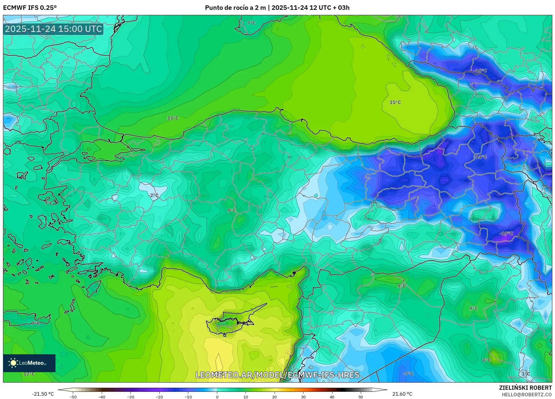 ECMWF IFS 0.25° model - Turquía, Punto de rocío a 2 m