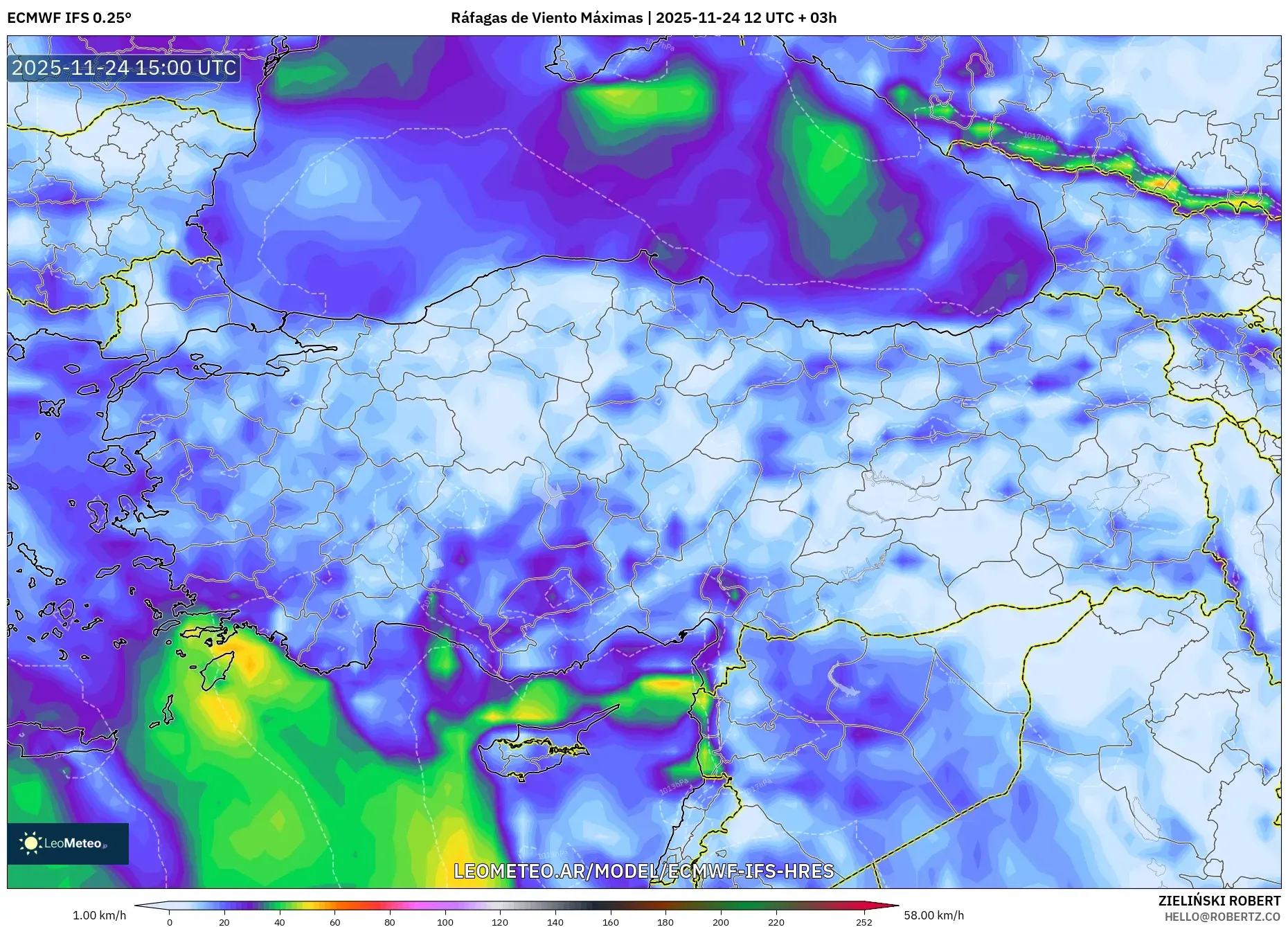 ECMWF IFS 0.25° model - Turquía, Ráfagas de Viento Máximas