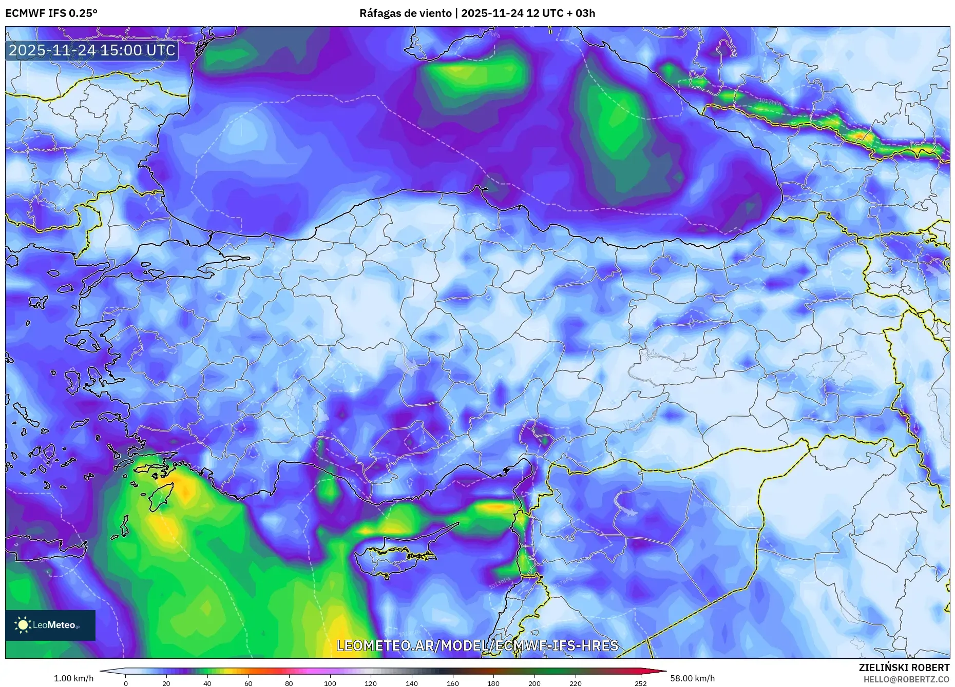 ECMWF IFS 0.25° model - Turquía, Ráfagas de viento
