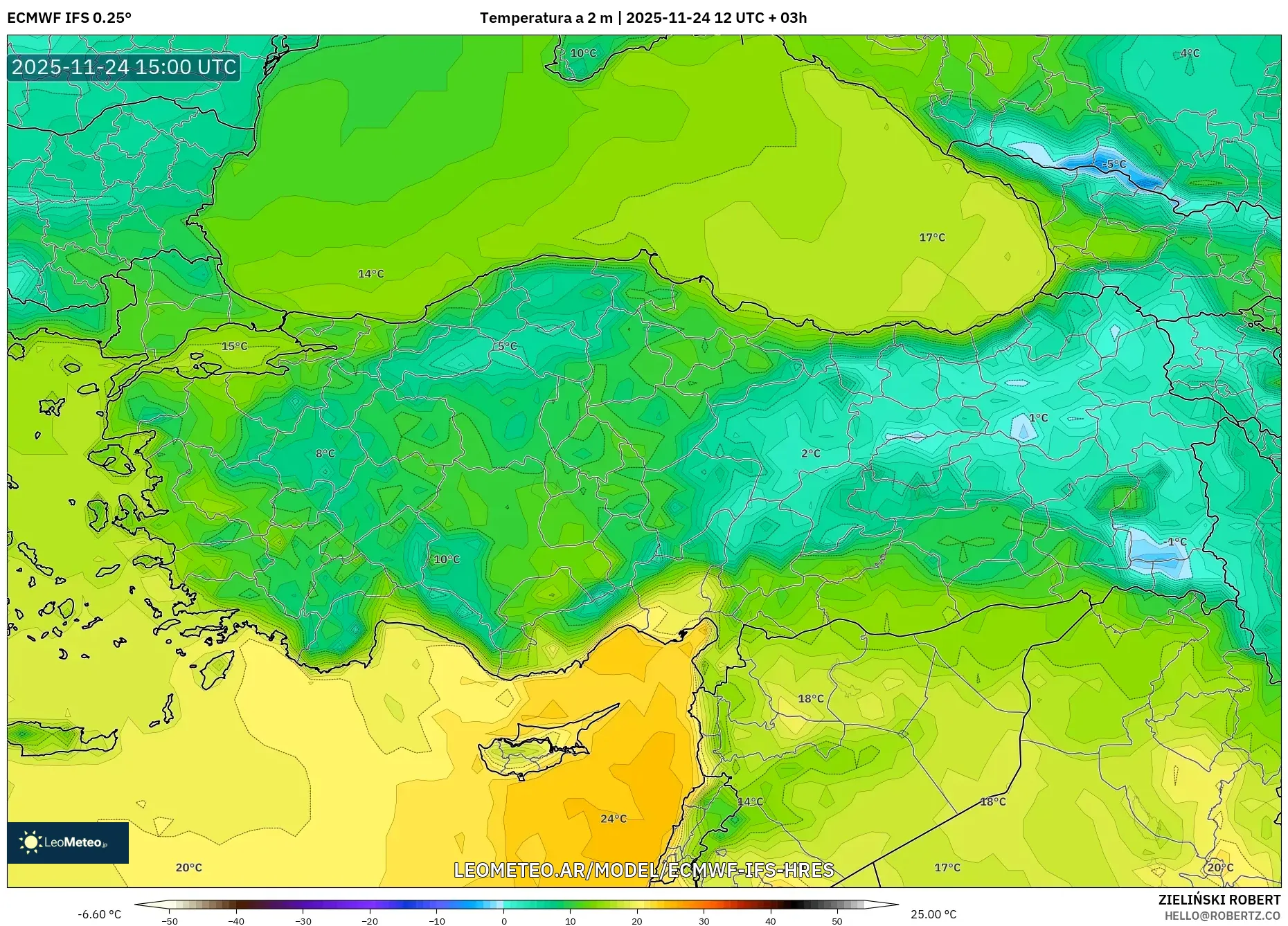 ECMWF IFS 0.25° model - Turquía, Temperatura a 2 m