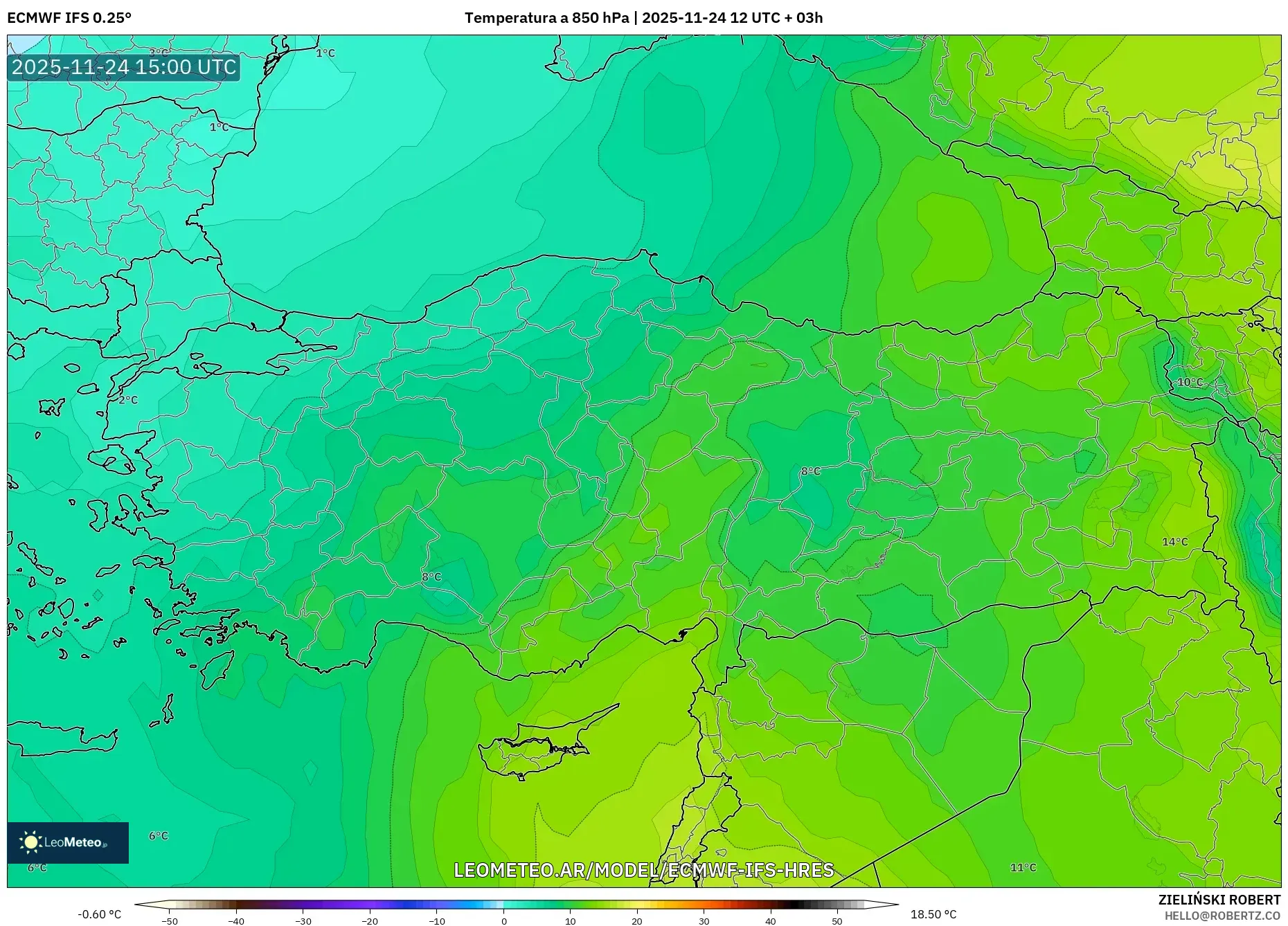 ECMWF IFS 0.25° model - Turquía, Temperatura a 850 hPa