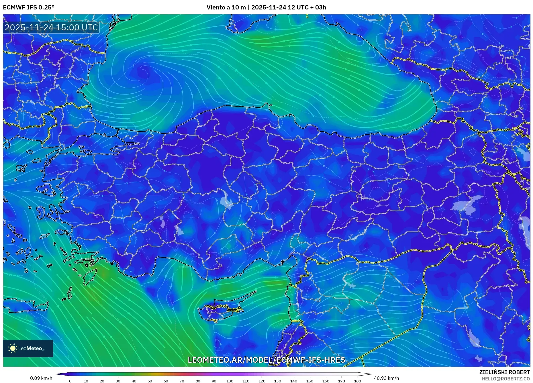 ECMWF IFS 0.25° model - Turquía, Viento a 10 m
