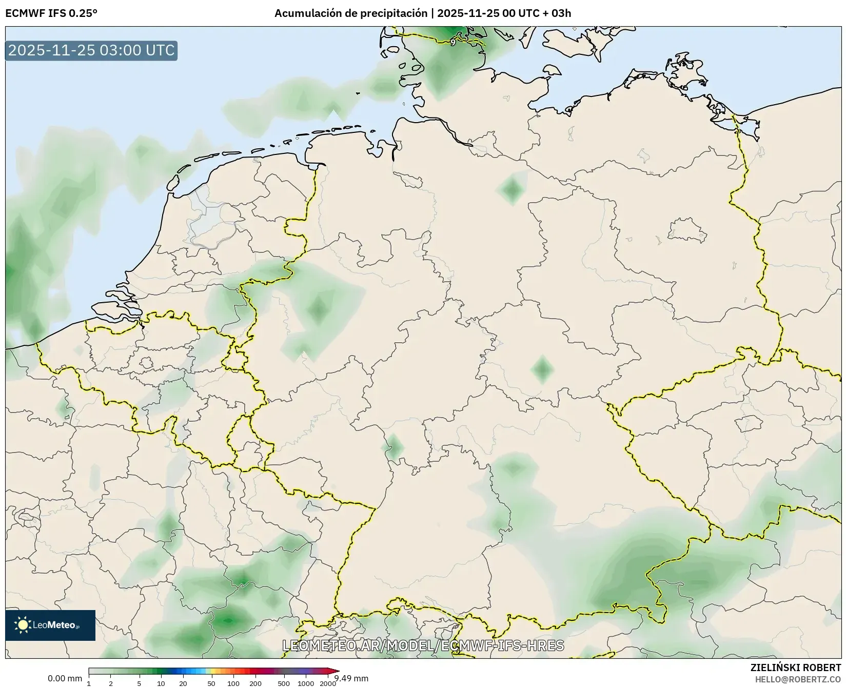 ECMWF IFS 0.25° model - Alemania, Acumulación de precipitación