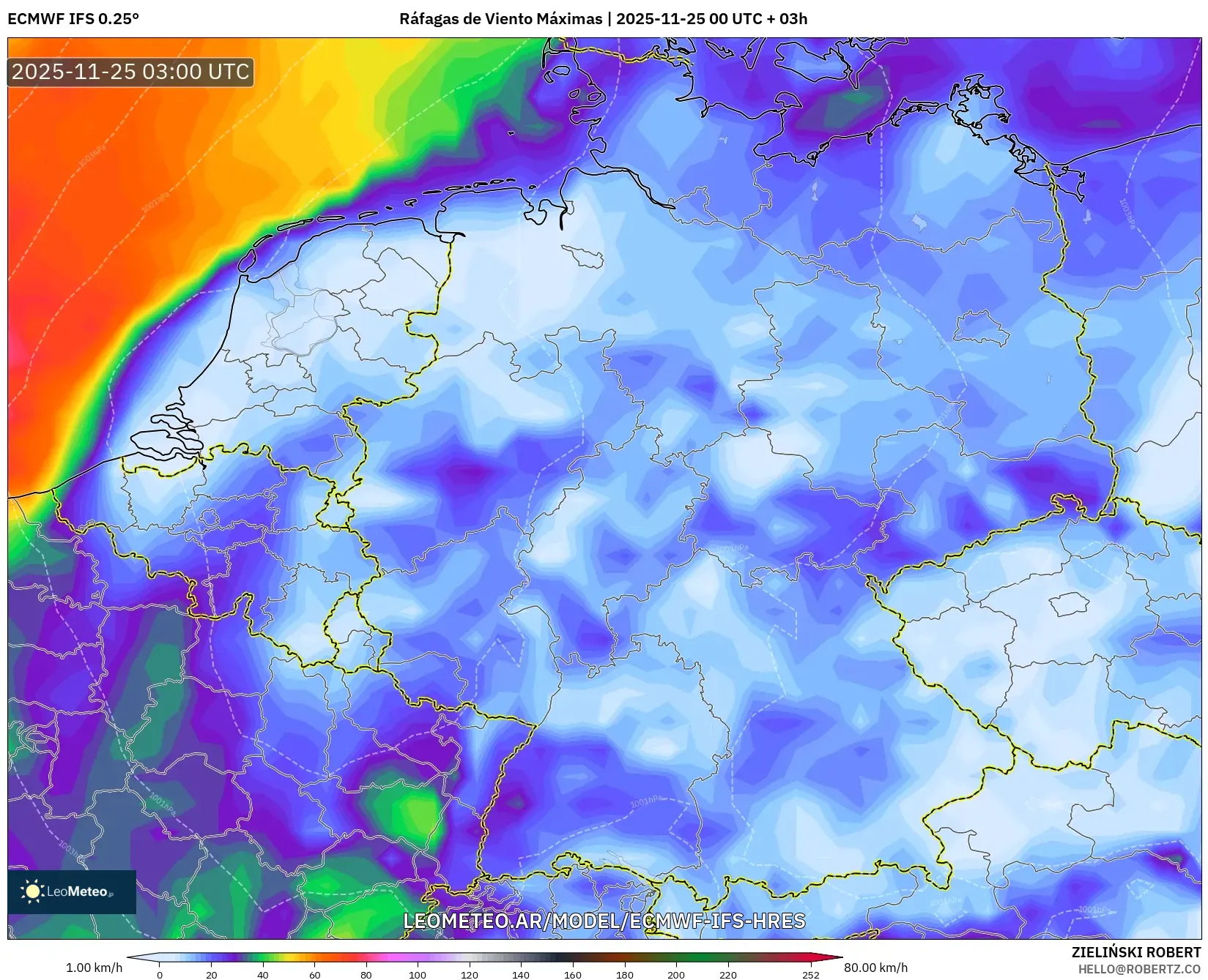ECMWF IFS 0.25° model - Alemania, Ráfagas de Viento Máximas