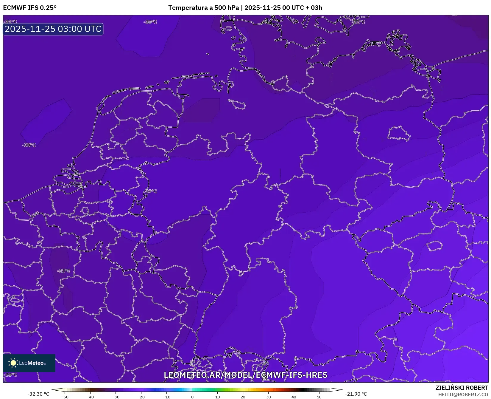ECMWF IFS 0.25° model - Alemania, Temperatura a 500 hPa