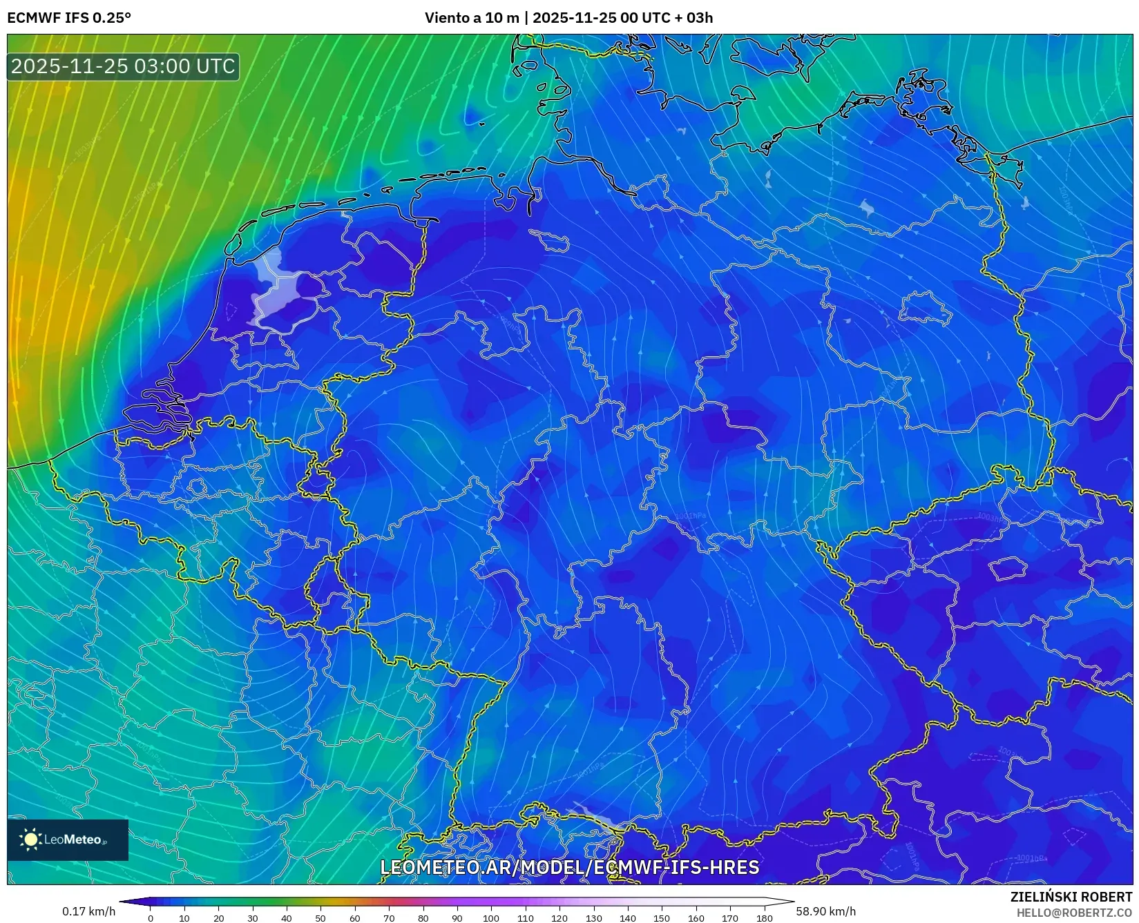 ECMWF IFS 0.25° model - Alemania, Viento a 10 m