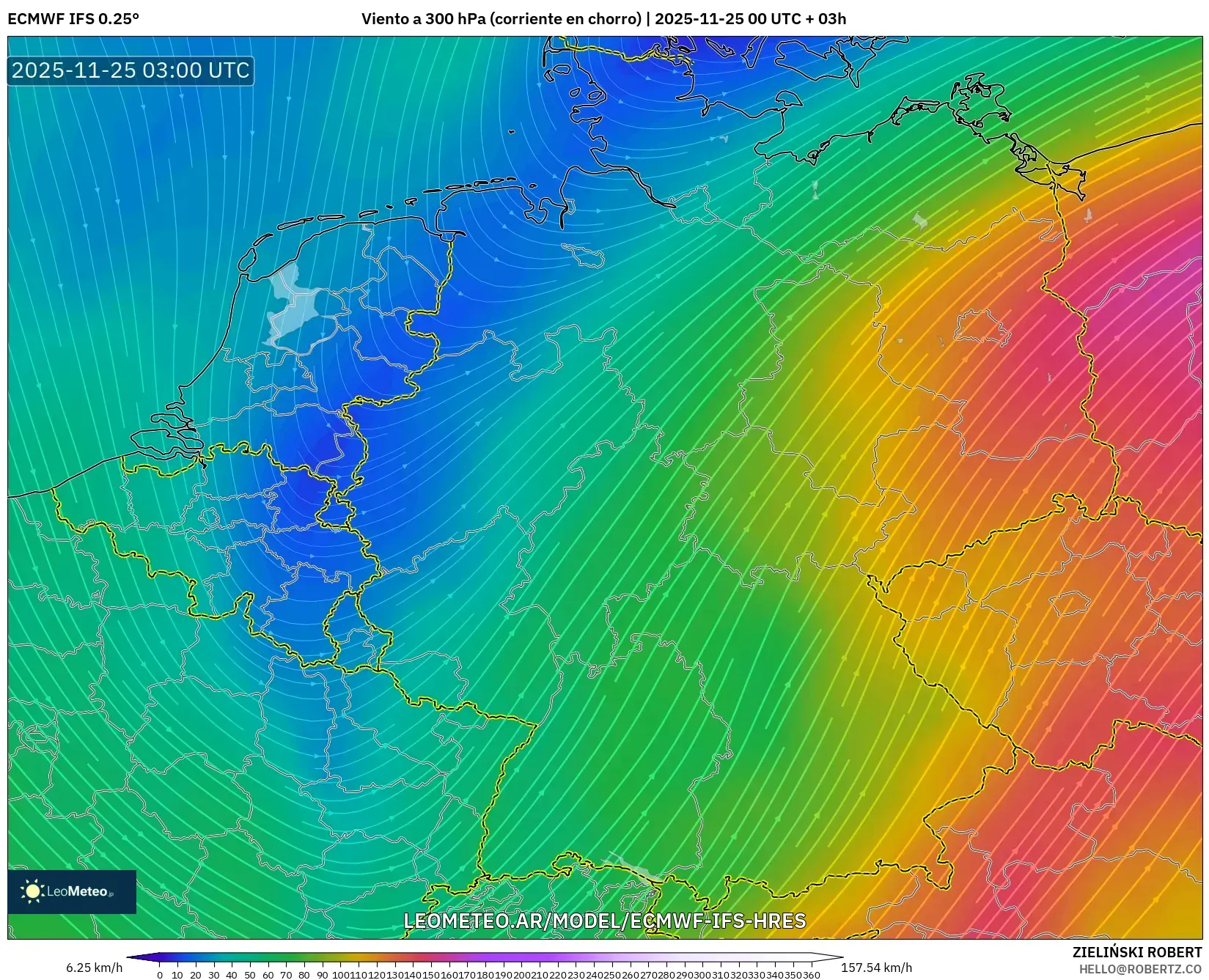 ECMWF IFS 0.25° model - Alemania, Viento a 300 hPa (corriente en chorro)