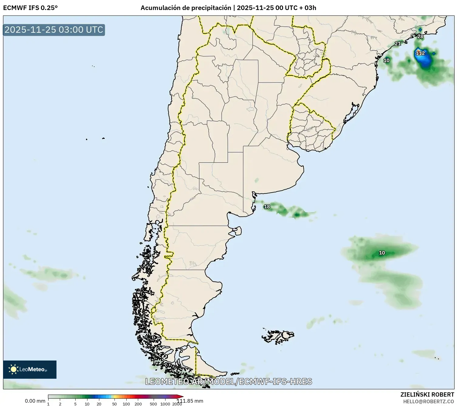 ECMWF IFS 0.25° model - Argentina, Acumulación de precipitación