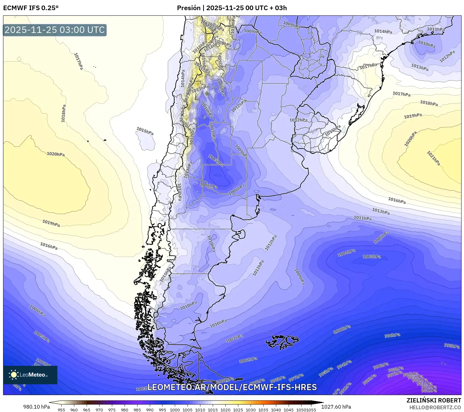 ECMWF IFS 0.25° model - Argentina, Presión