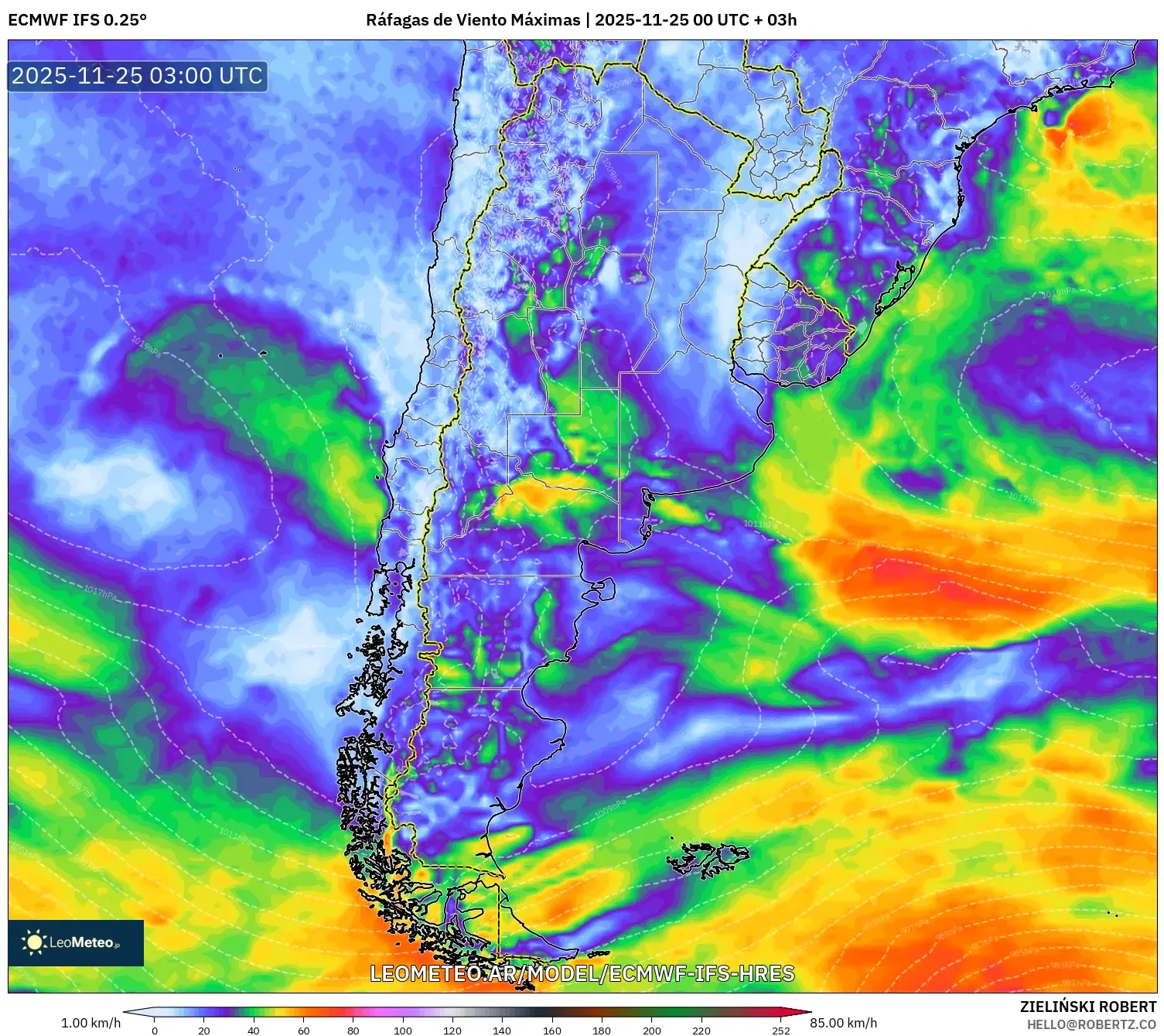 ECMWF IFS 0.25° model - Argentina, Ráfagas de Viento Máximas