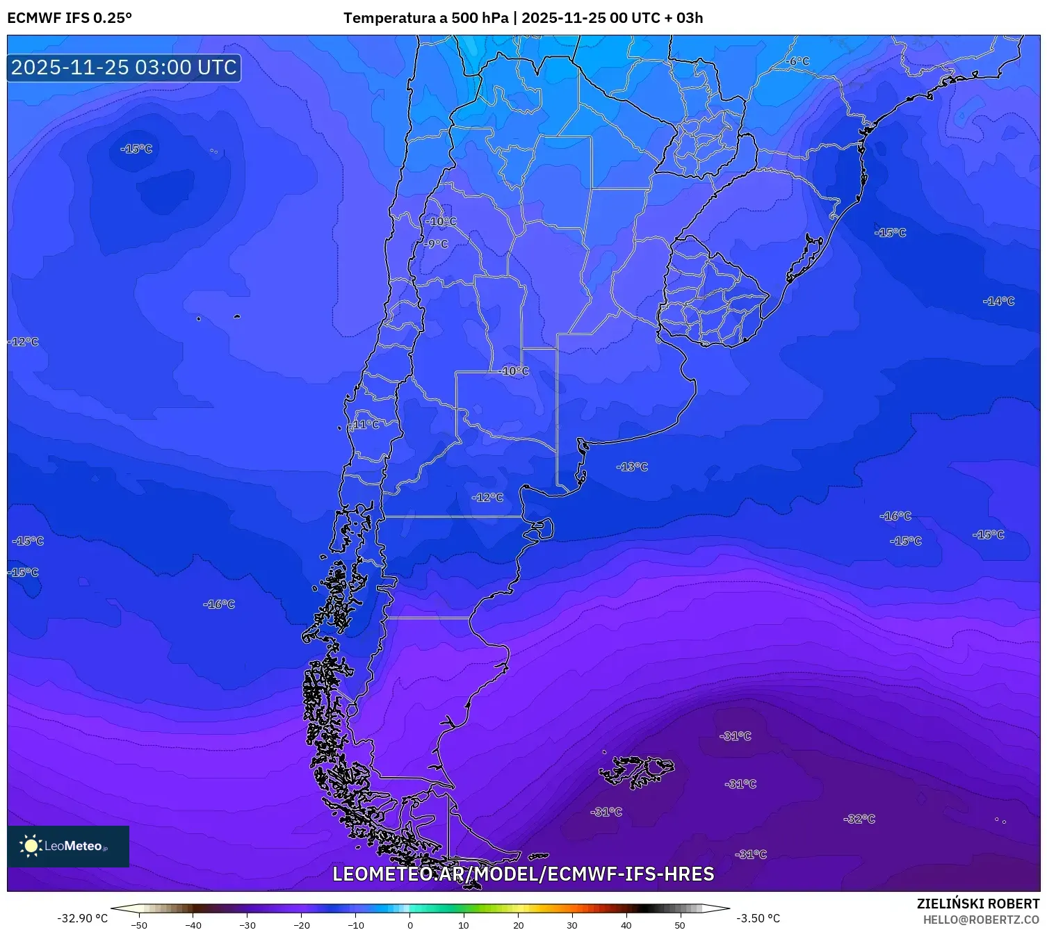 ECMWF IFS 0.25° model - Argentina, Temperatura a 500 hPa