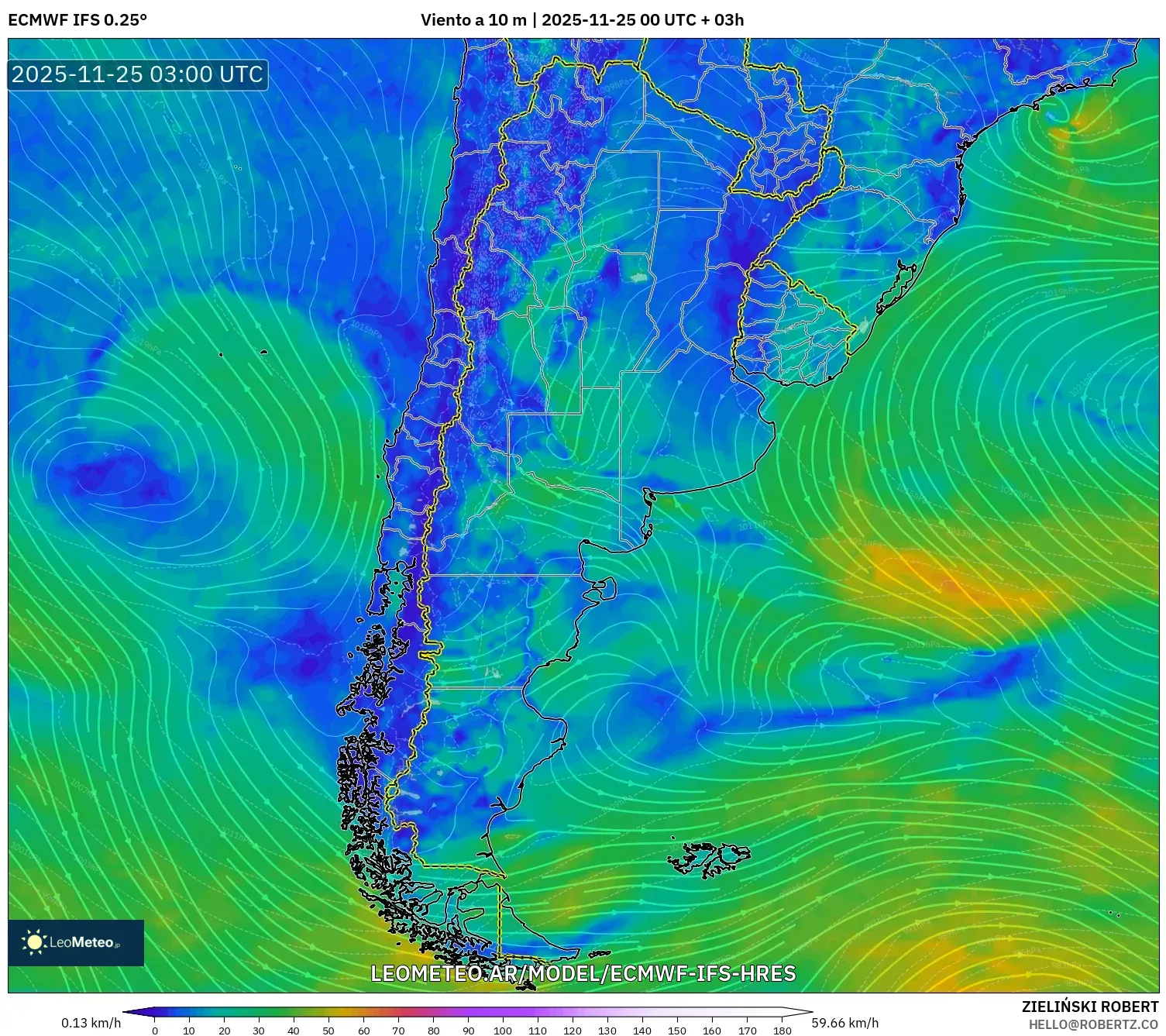 ECMWF IFS 0.25° model - Argentina, Viento a 10 m