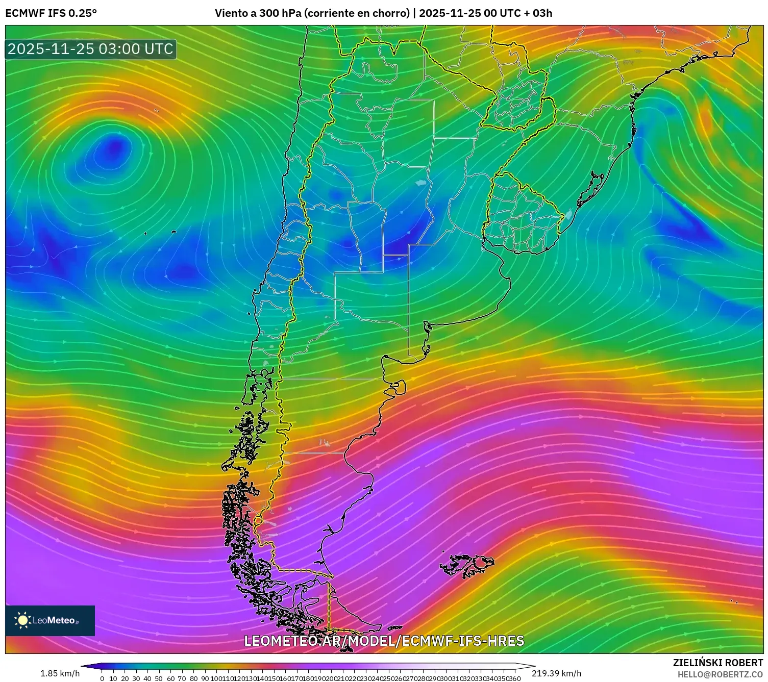 ECMWF IFS 0.25° model - Argentina, Viento a 300 hPa (corriente en chorro)