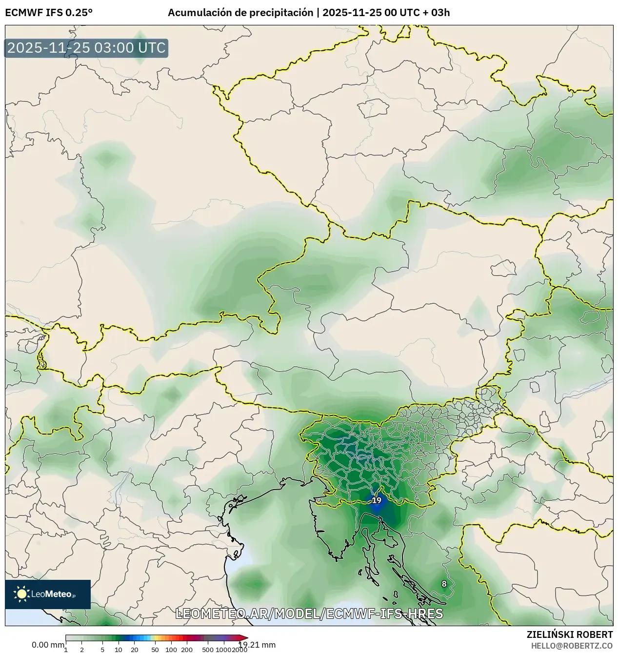 ECMWF IFS 0.25° model - Austria, Acumulación de precipitación