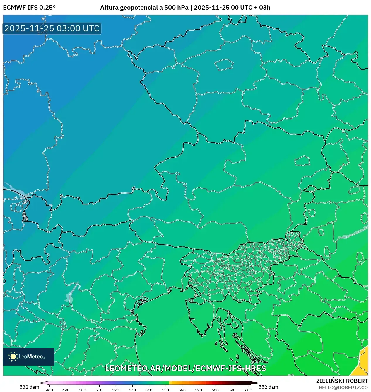 ECMWF IFS 0.25° model - Austria, Altura geopotencial a 500 hPa
