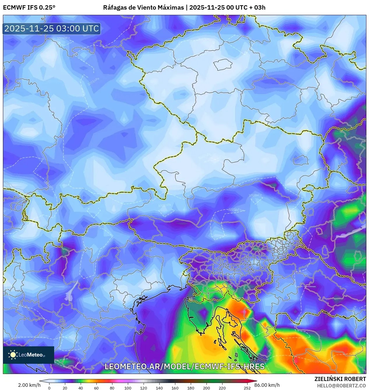 ECMWF IFS 0.25° model - Austria, Ráfagas de Viento Máximas