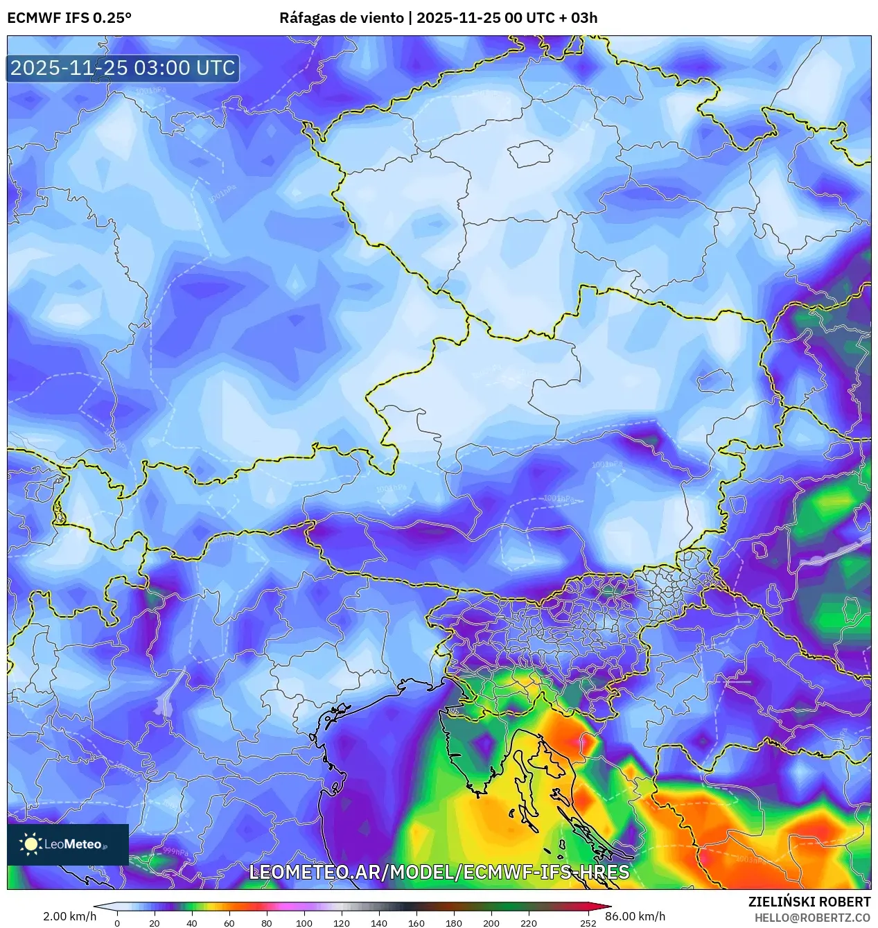 ECMWF IFS 0.25° model - Austria, Ráfagas de viento