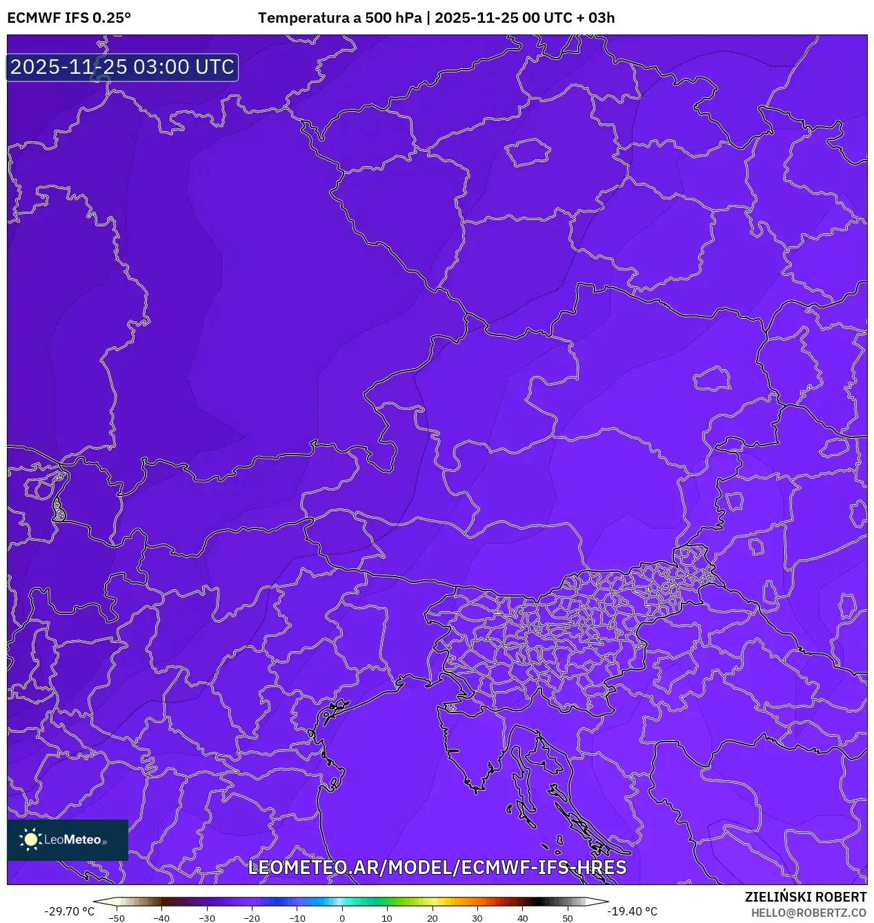 ECMWF IFS 0.25° model - Austria, Temperatura a 500 hPa