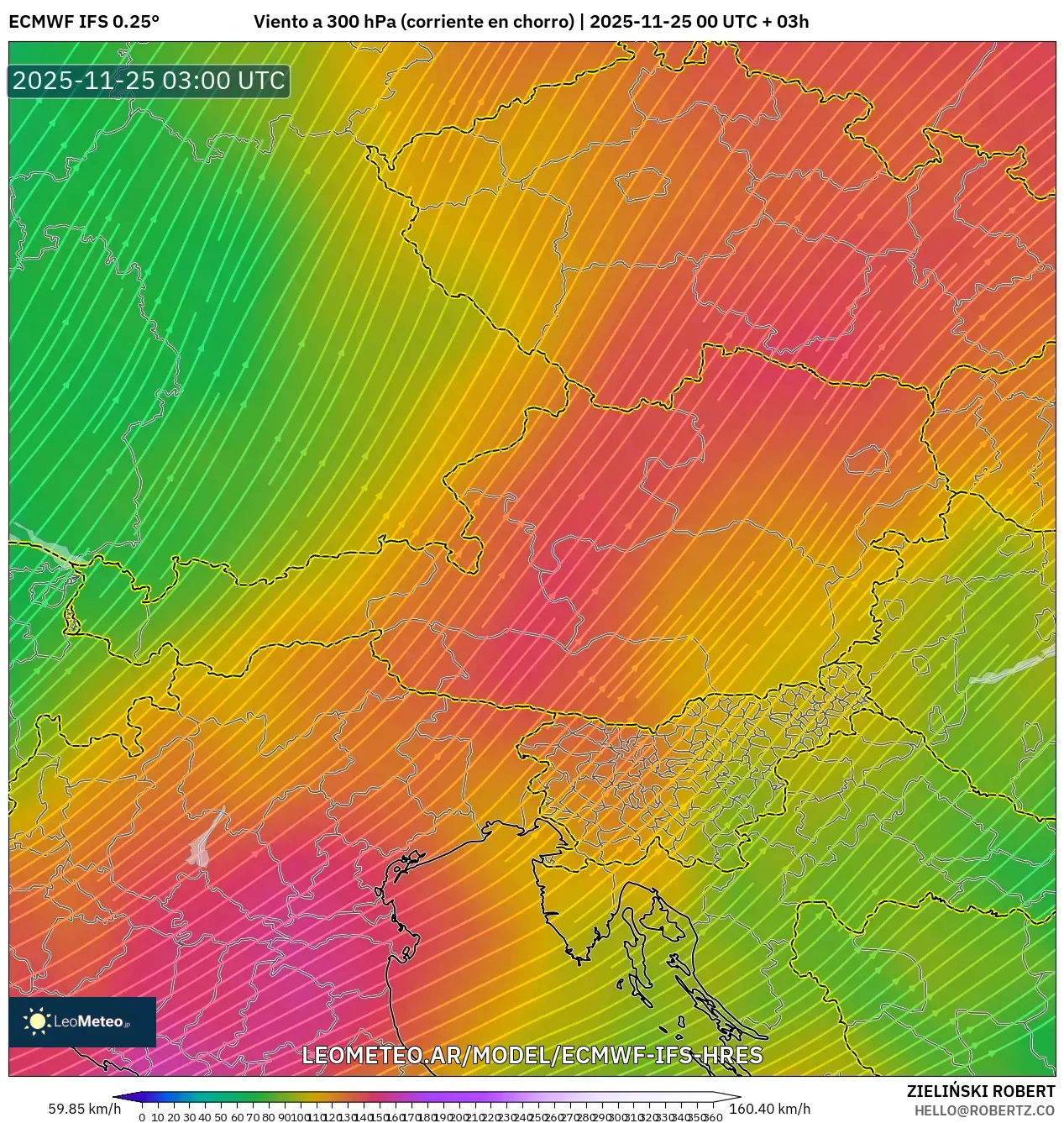 ECMWF IFS 0.25° model - Austria, Viento a 300 hPa (corriente en chorro)