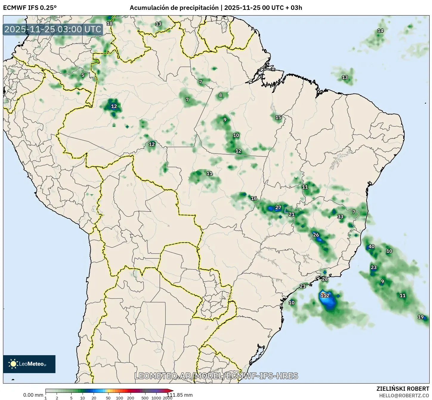 ECMWF IFS 0.25° model - Brasil, Acumulación de precipitación