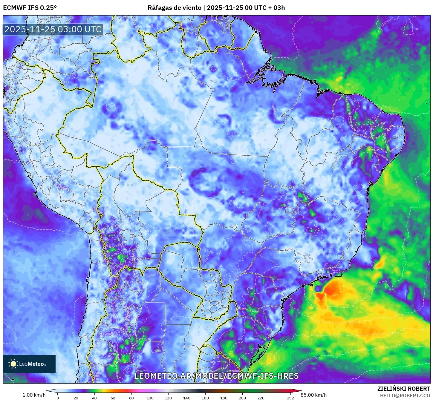 ECMWF IFS 0.25° model - Brasil, Ráfagas de viento