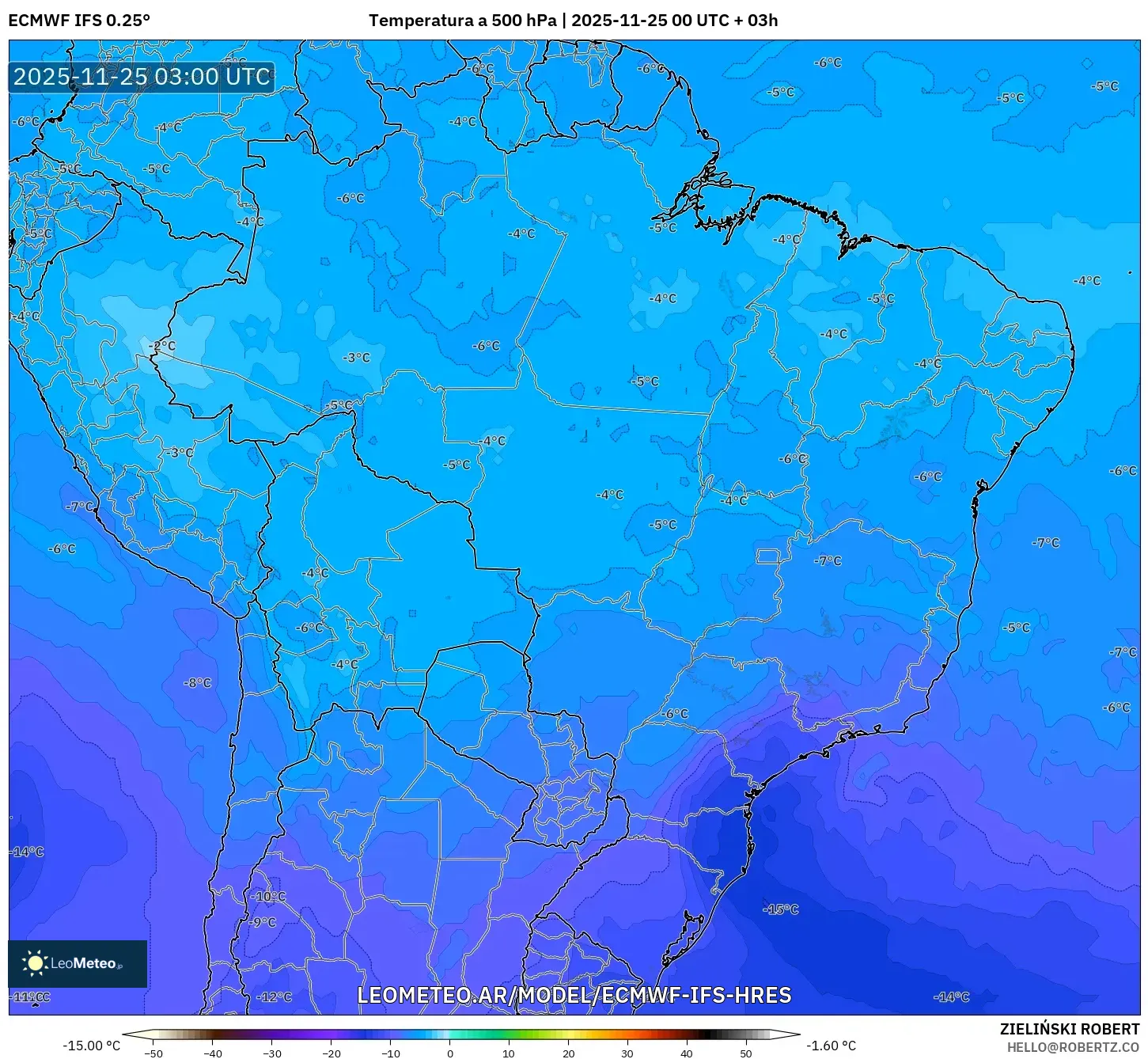 ECMWF IFS 0.25° model - Brasil, Temperatura a 500 hPa