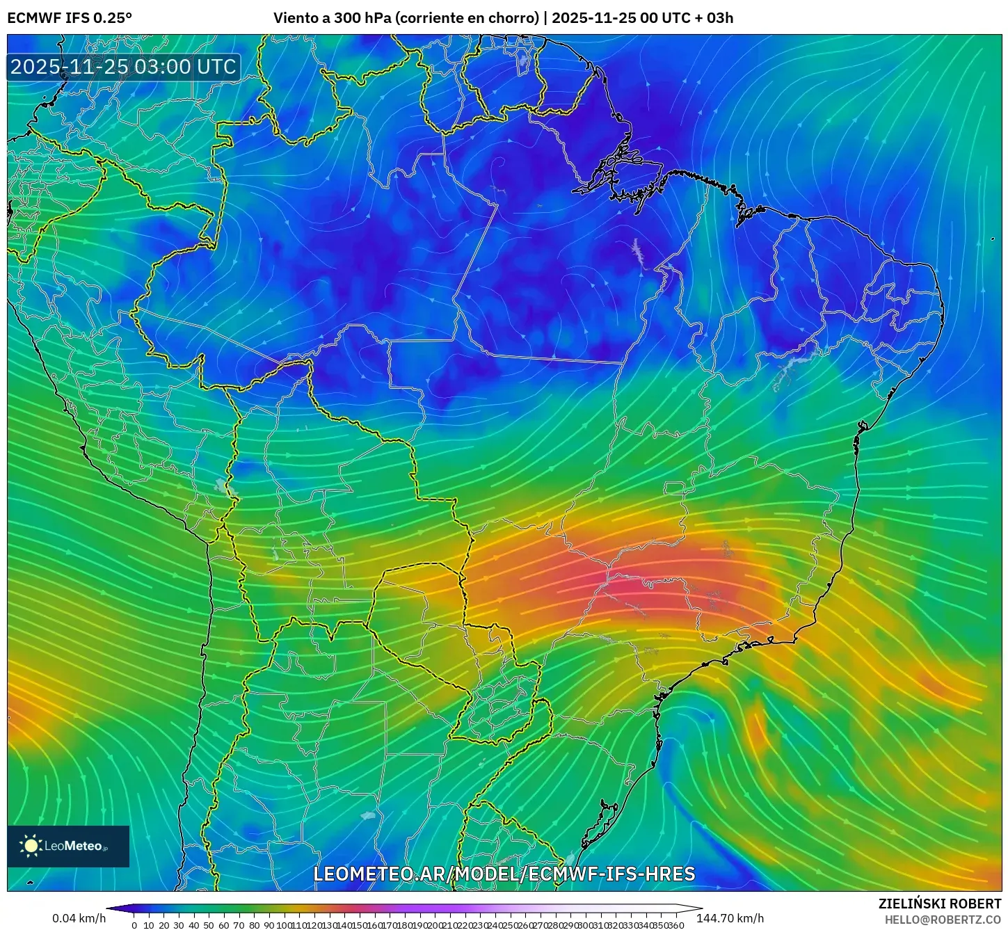 ECMWF IFS 0.25° model - Brasil, Viento a 300 hPa (corriente en chorro)