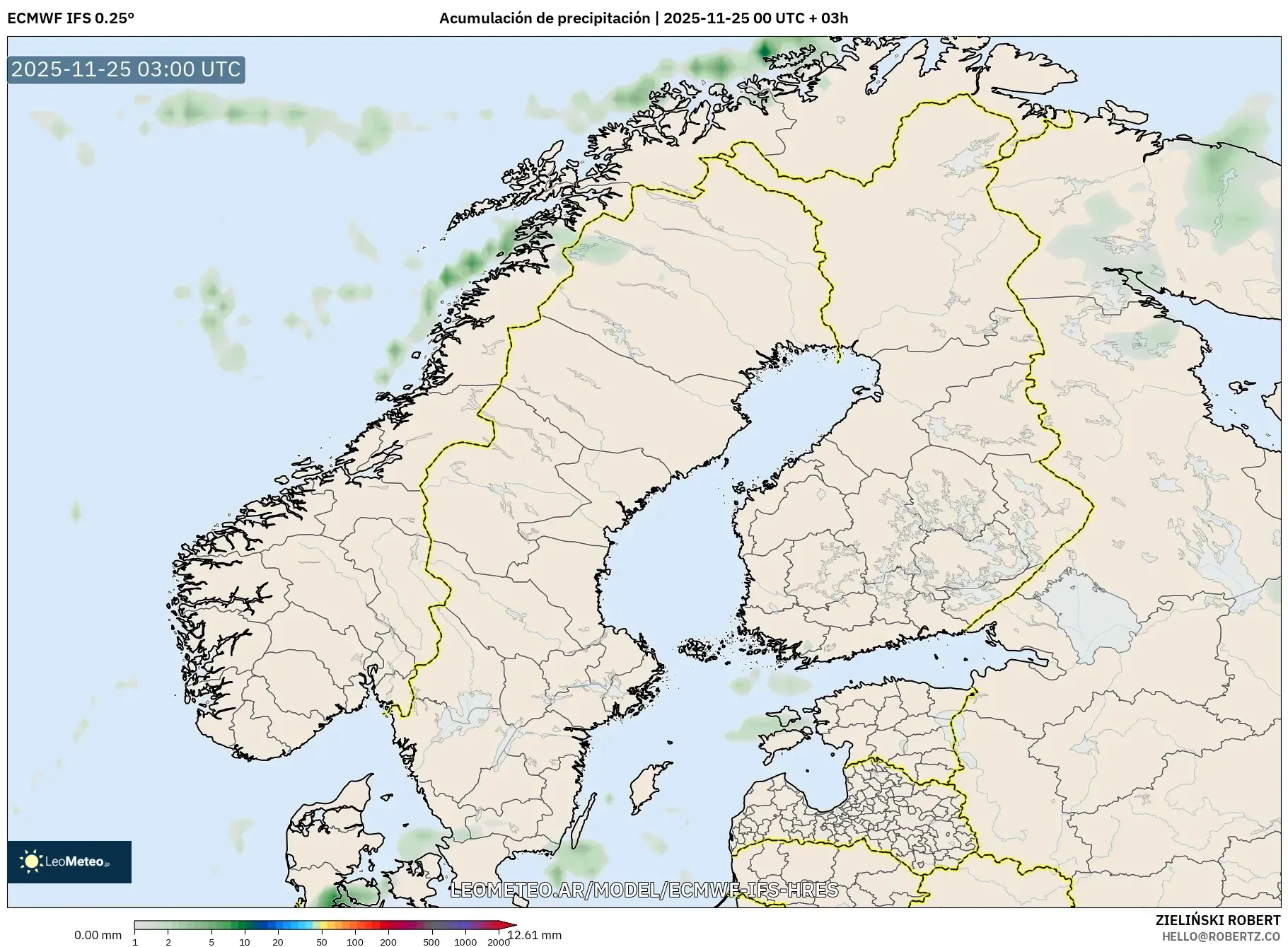 ECMWF IFS 0.25° model - Escandinavia, Acumulación de precipitación