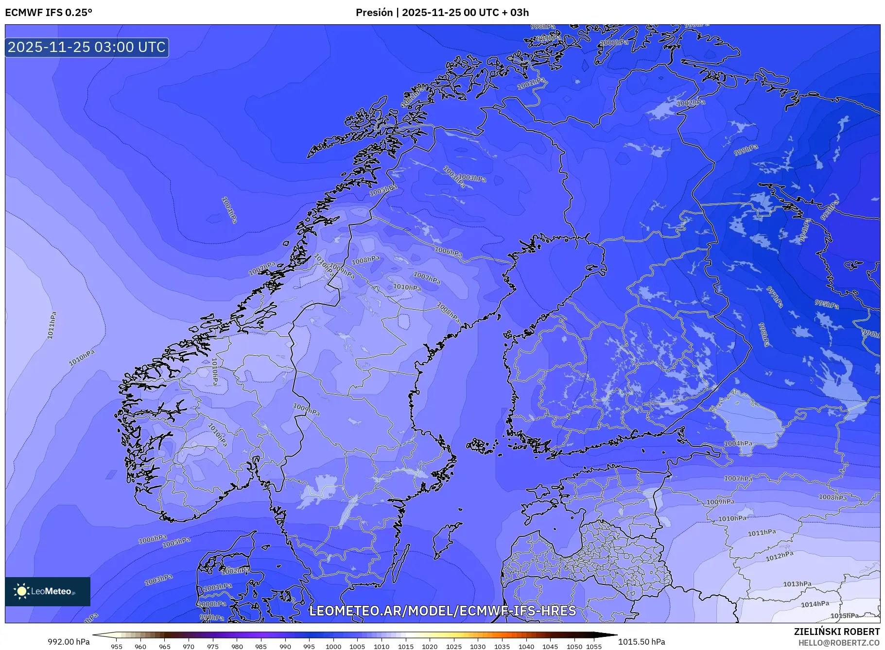 ECMWF IFS 0.25° model - Escandinavia, Presión