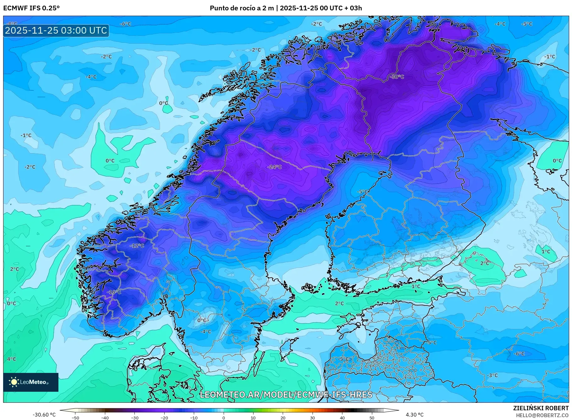 ECMWF IFS 0.25° model - Escandinavia, Punto de rocío a 2 m