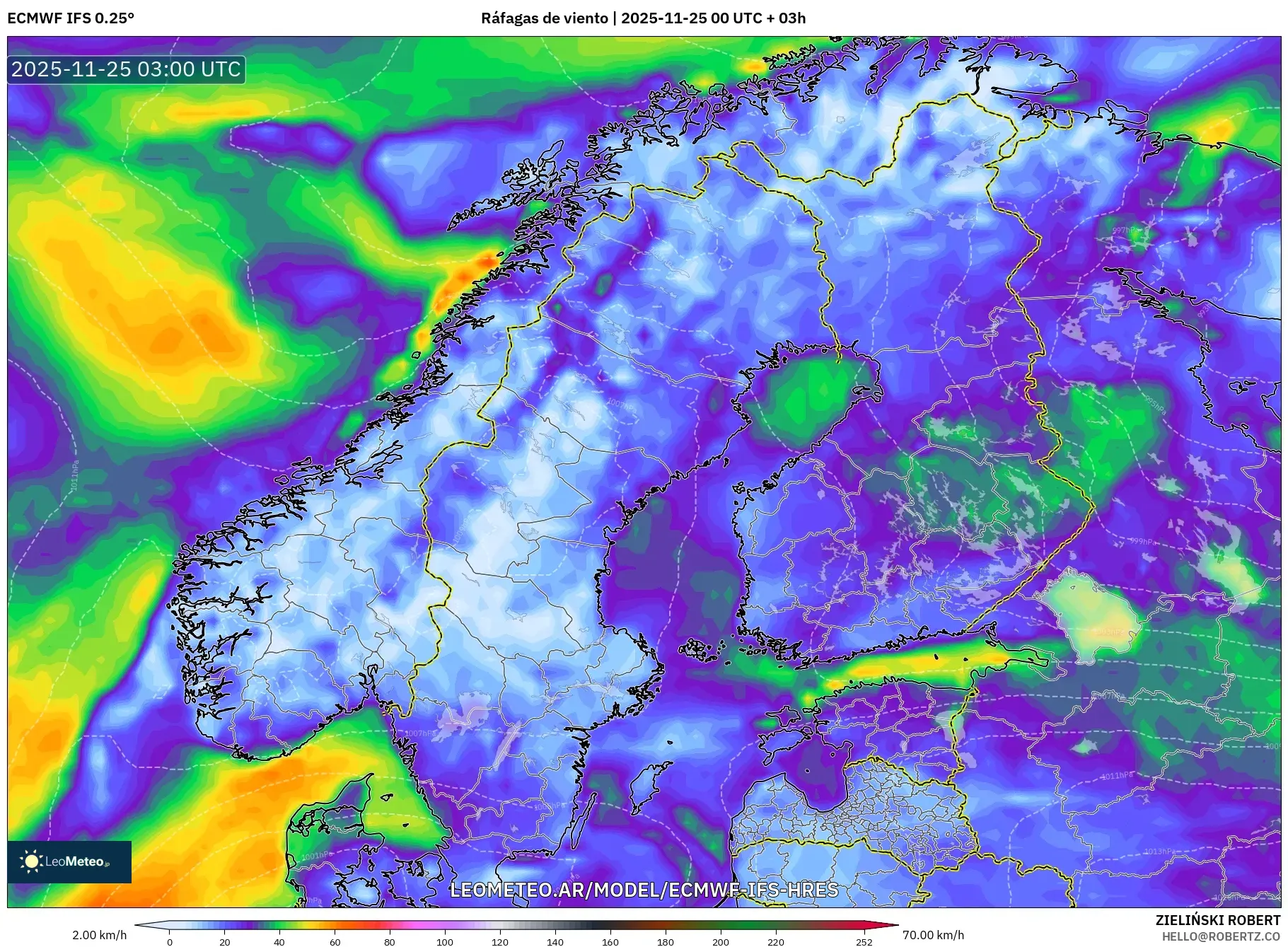 ECMWF IFS 0.25° model - Escandinavia, Ráfagas de viento