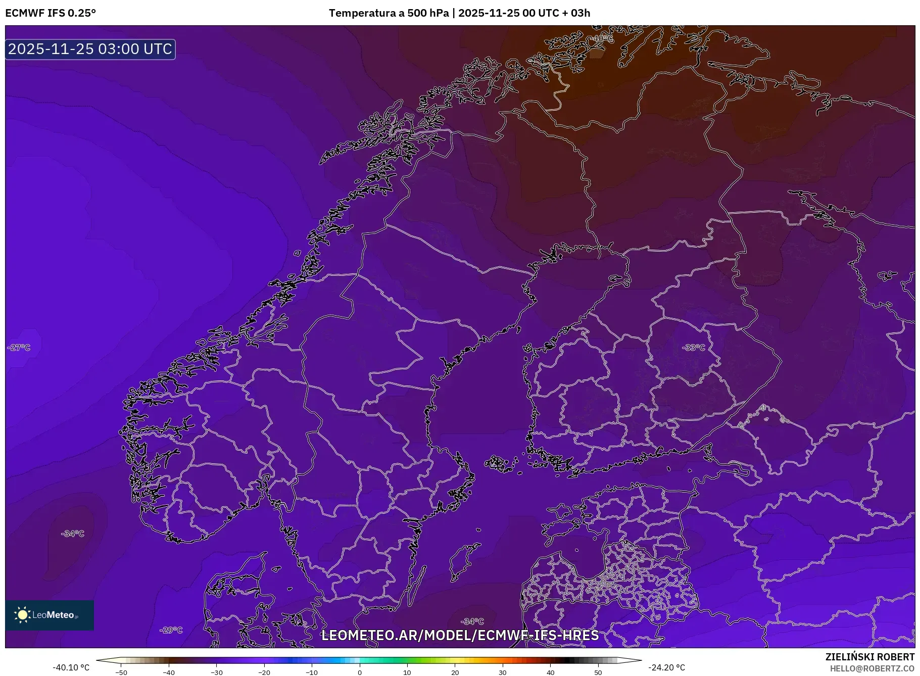 ECMWF IFS 0.25° model - Escandinavia, Temperatura a 500 hPa