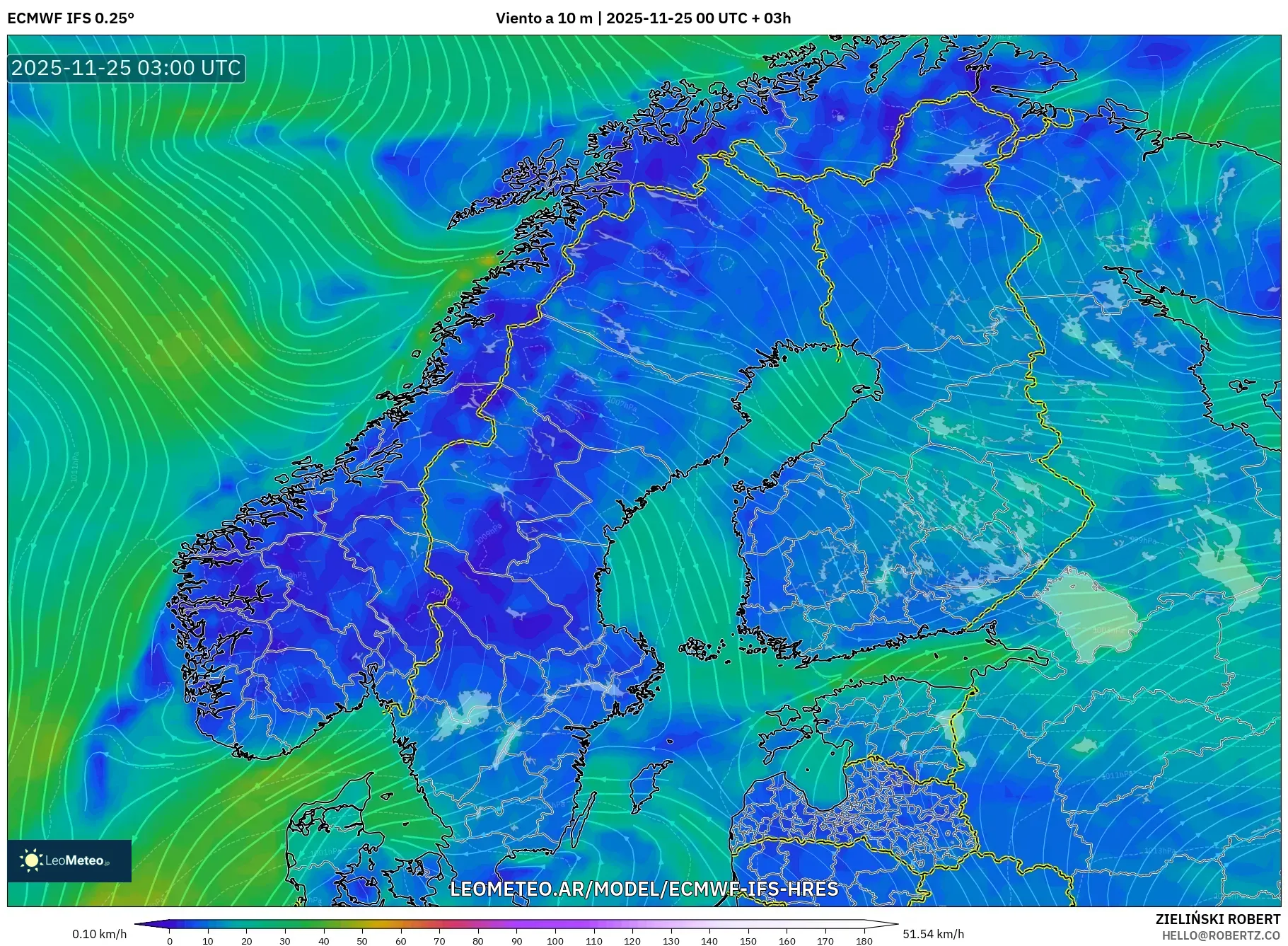 ECMWF IFS 0.25° model - Escandinavia, Viento a 10 m