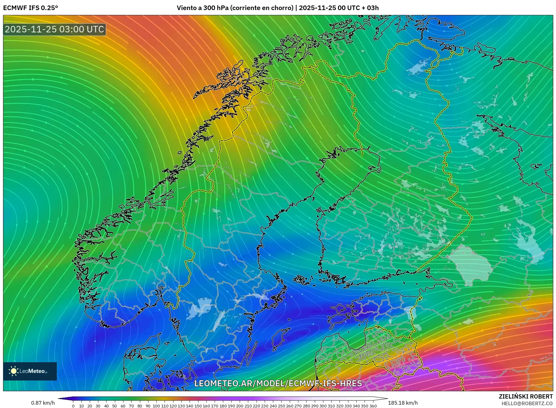 ECMWF IFS 0.25° model - Escandinavia, Viento a 300 hPa (corriente en chorro)