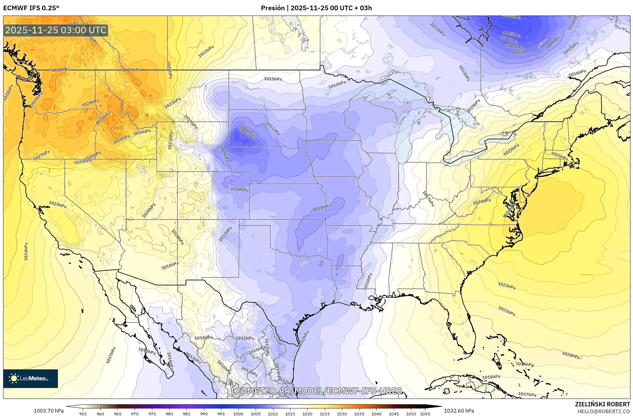 ECMWF IFS 0.25° model - Estados Unidos, Presión