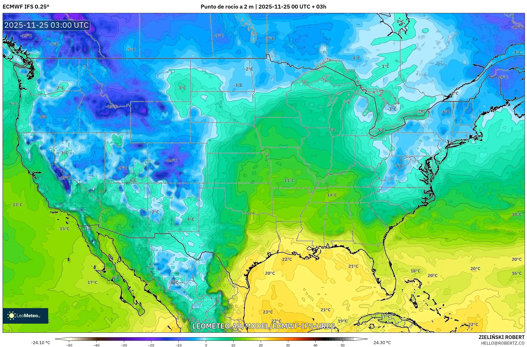 ECMWF IFS 0.25° model - Estados Unidos, Punto de rocío a 2 m