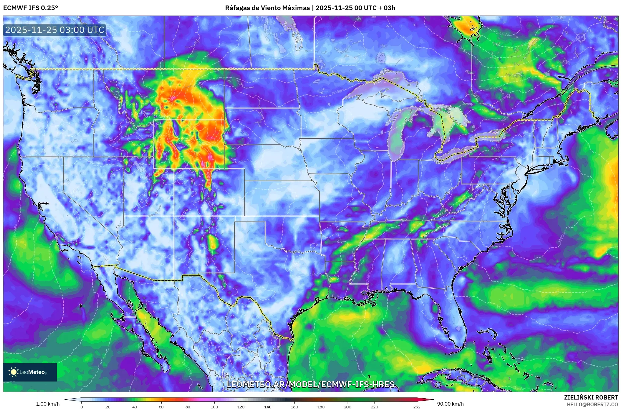 ECMWF IFS 0.25° model - Estados Unidos, Ráfagas de Viento Máximas