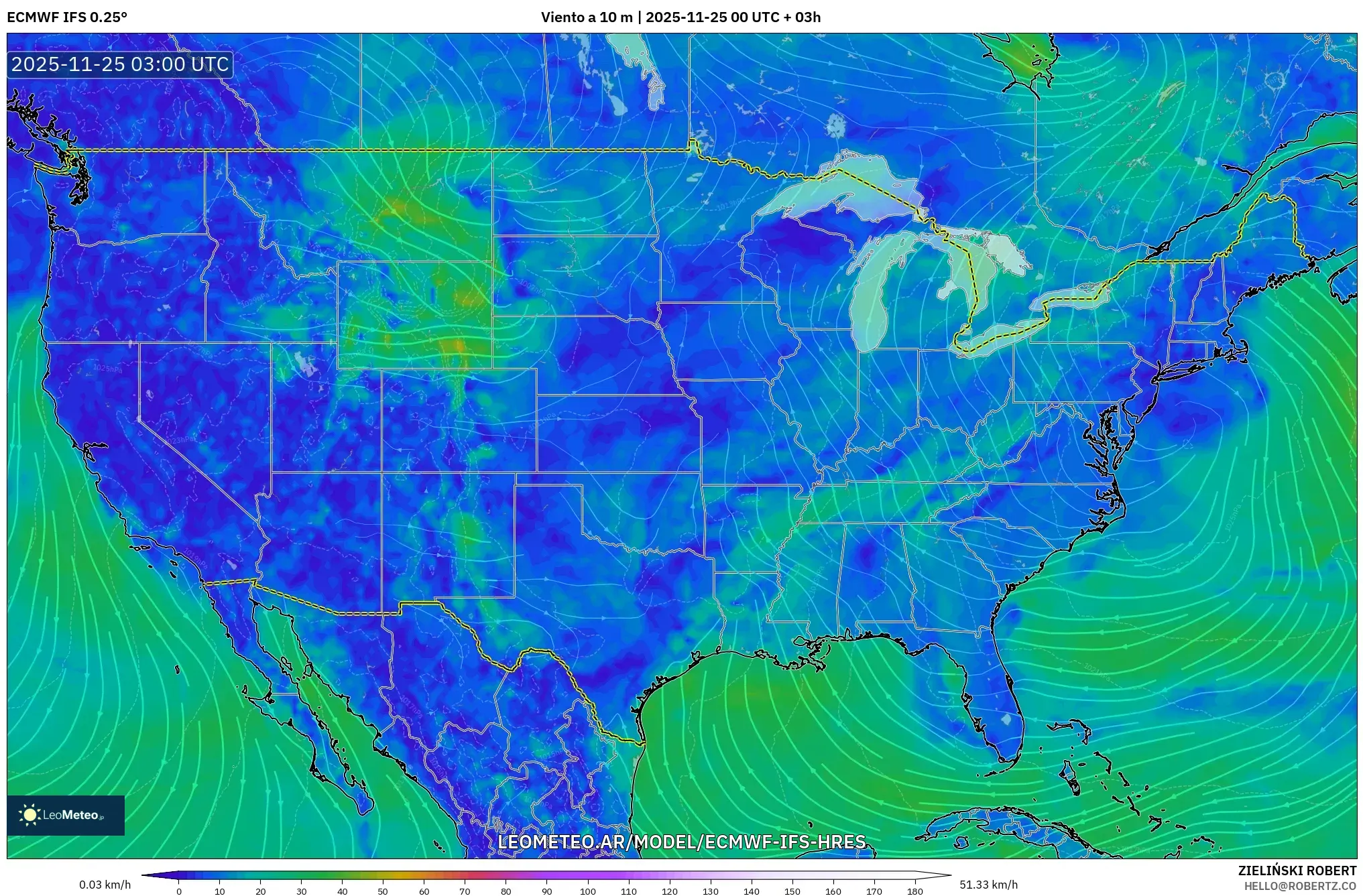 ECMWF IFS 0.25° model - Estados Unidos, Viento a 10 m