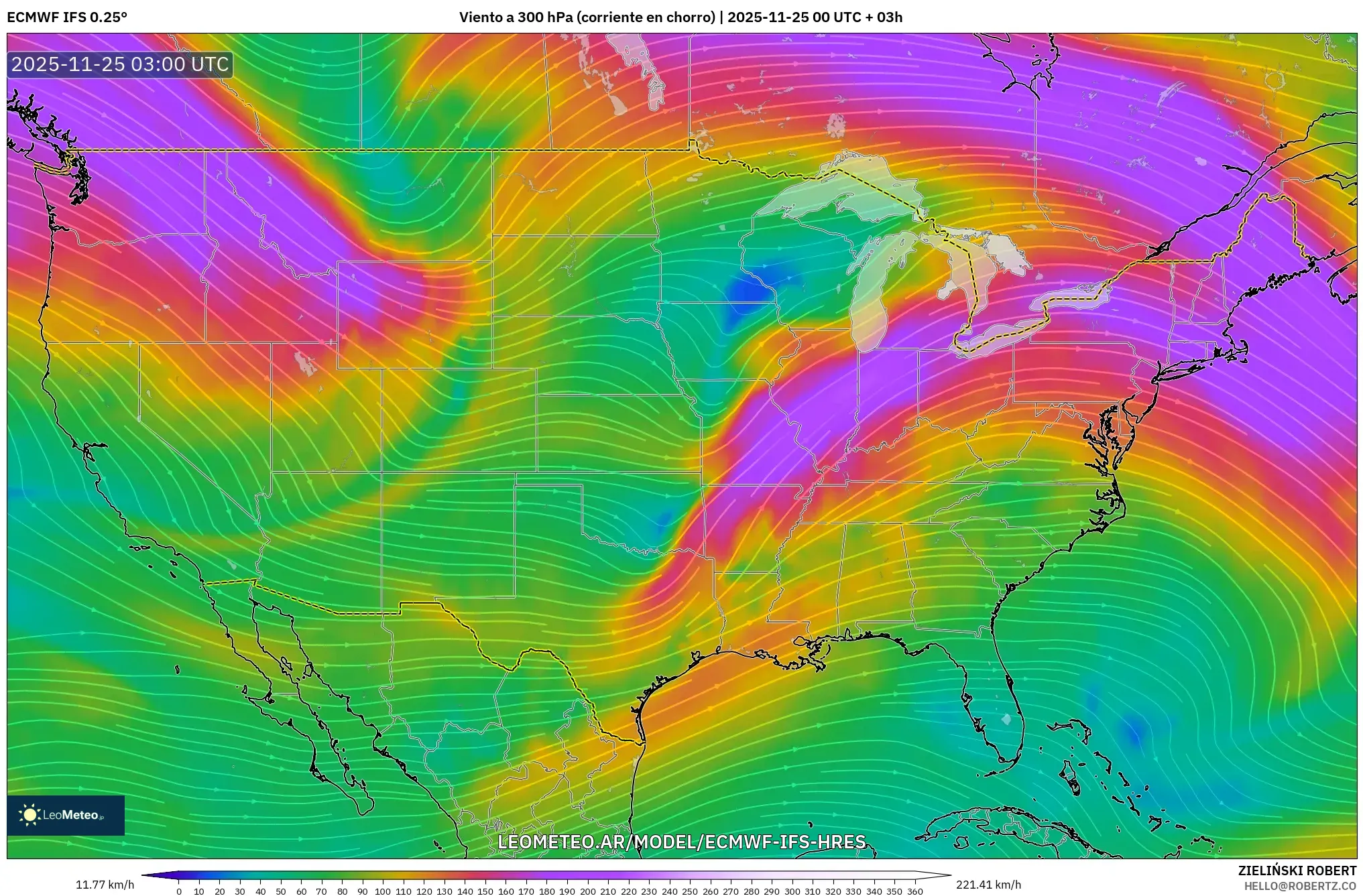 ECMWF IFS 0.25° model - Estados Unidos, Viento a 300 hPa (corriente en chorro)
