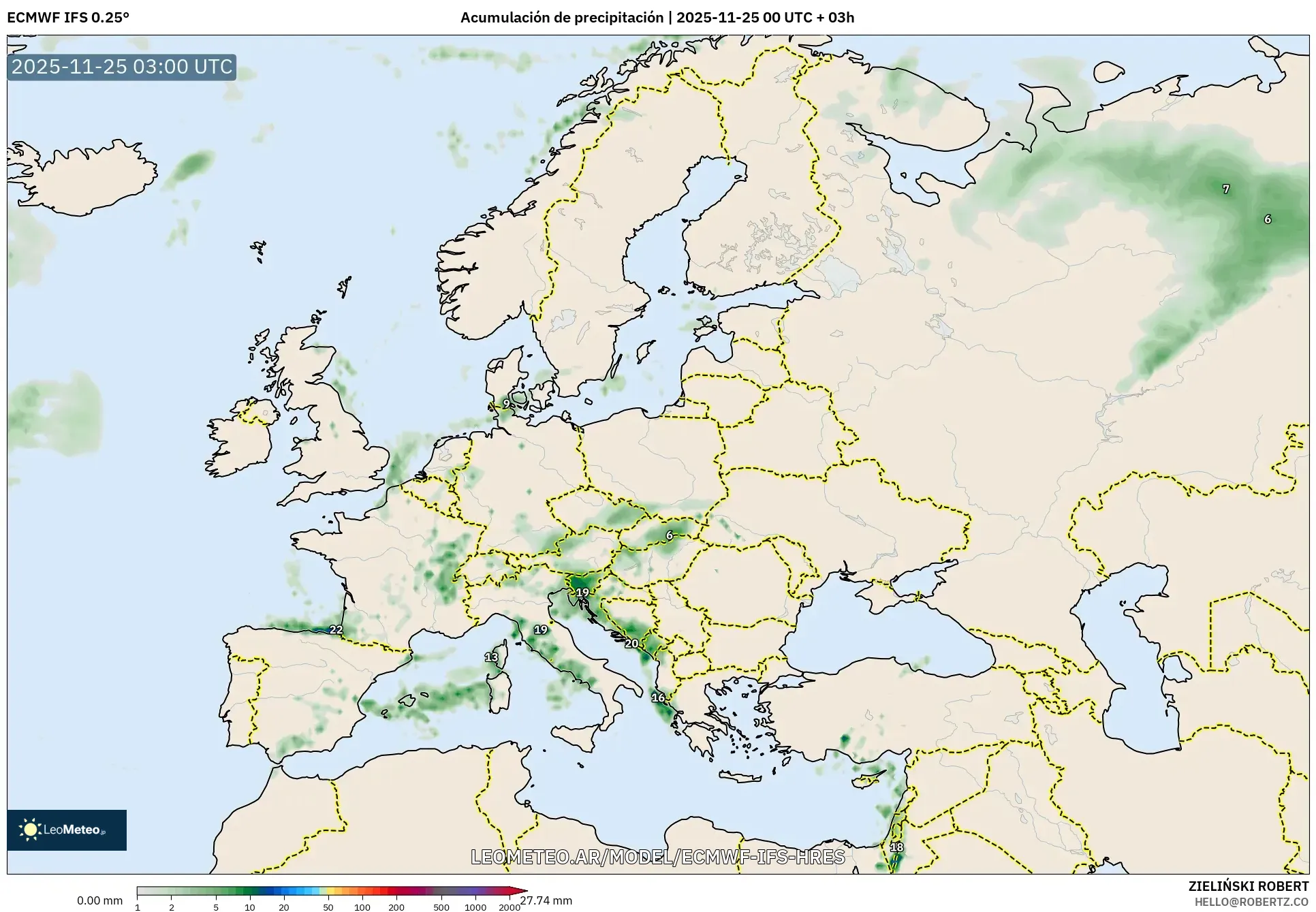 ECMWF IFS 0.25° model - Europa, Acumulación de precipitación