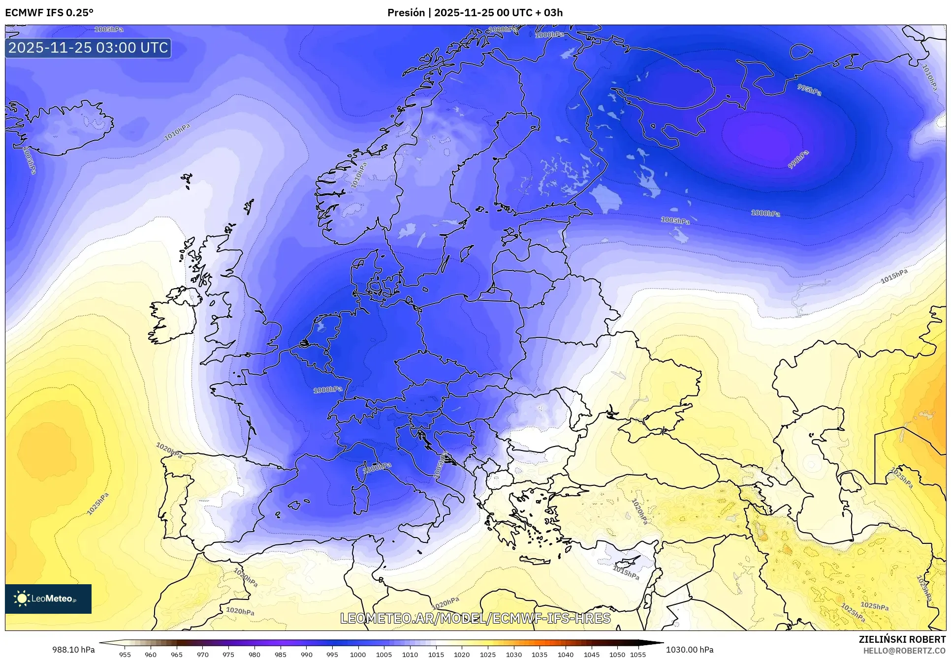 ECMWF IFS 0.25° model - Europa, Presión