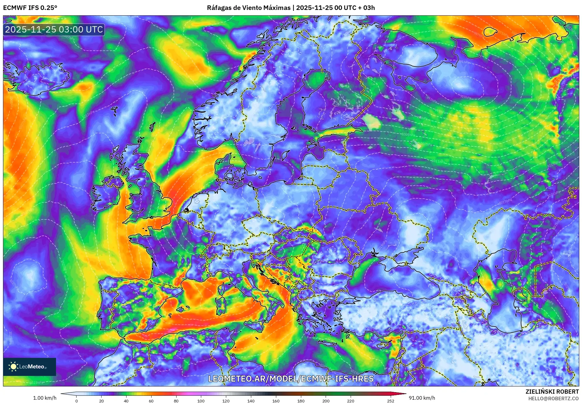 ECMWF IFS 0.25° model - Europa, Ráfagas de Viento Máximas