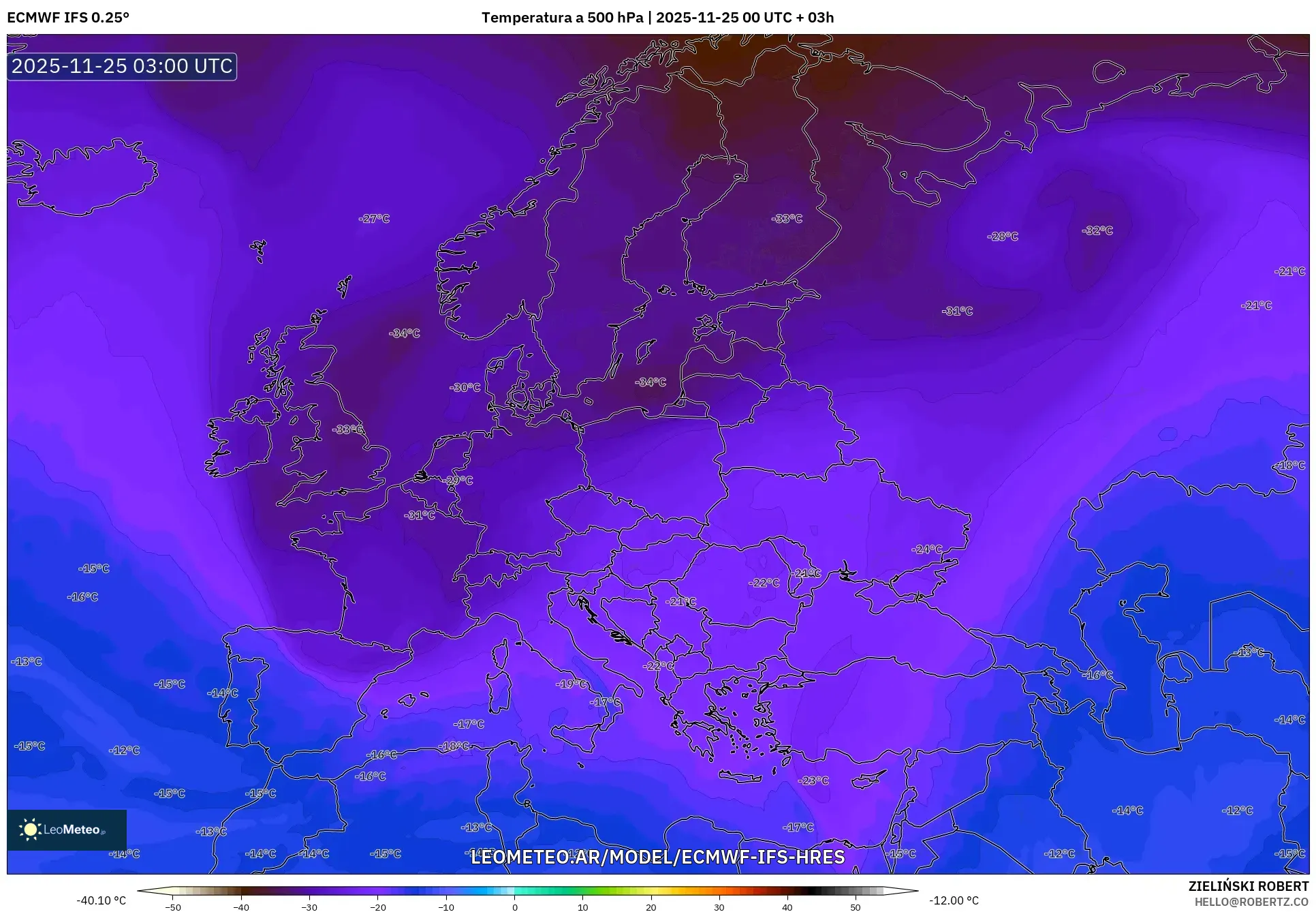 ECMWF IFS 0.25° model - Europa, Temperatura a 500 hPa