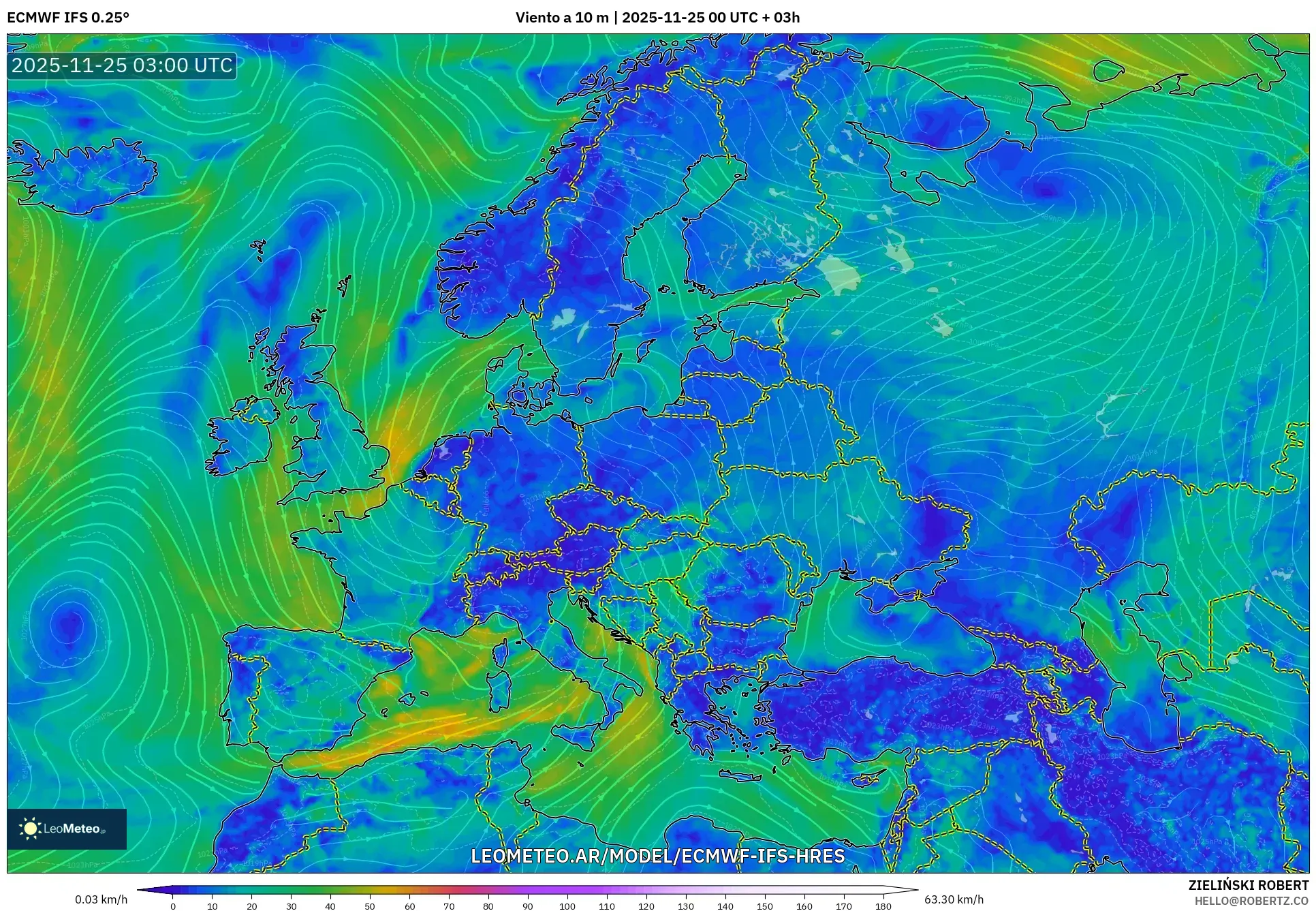 ECMWF IFS 0.25° model - Europa, Viento a 10 m