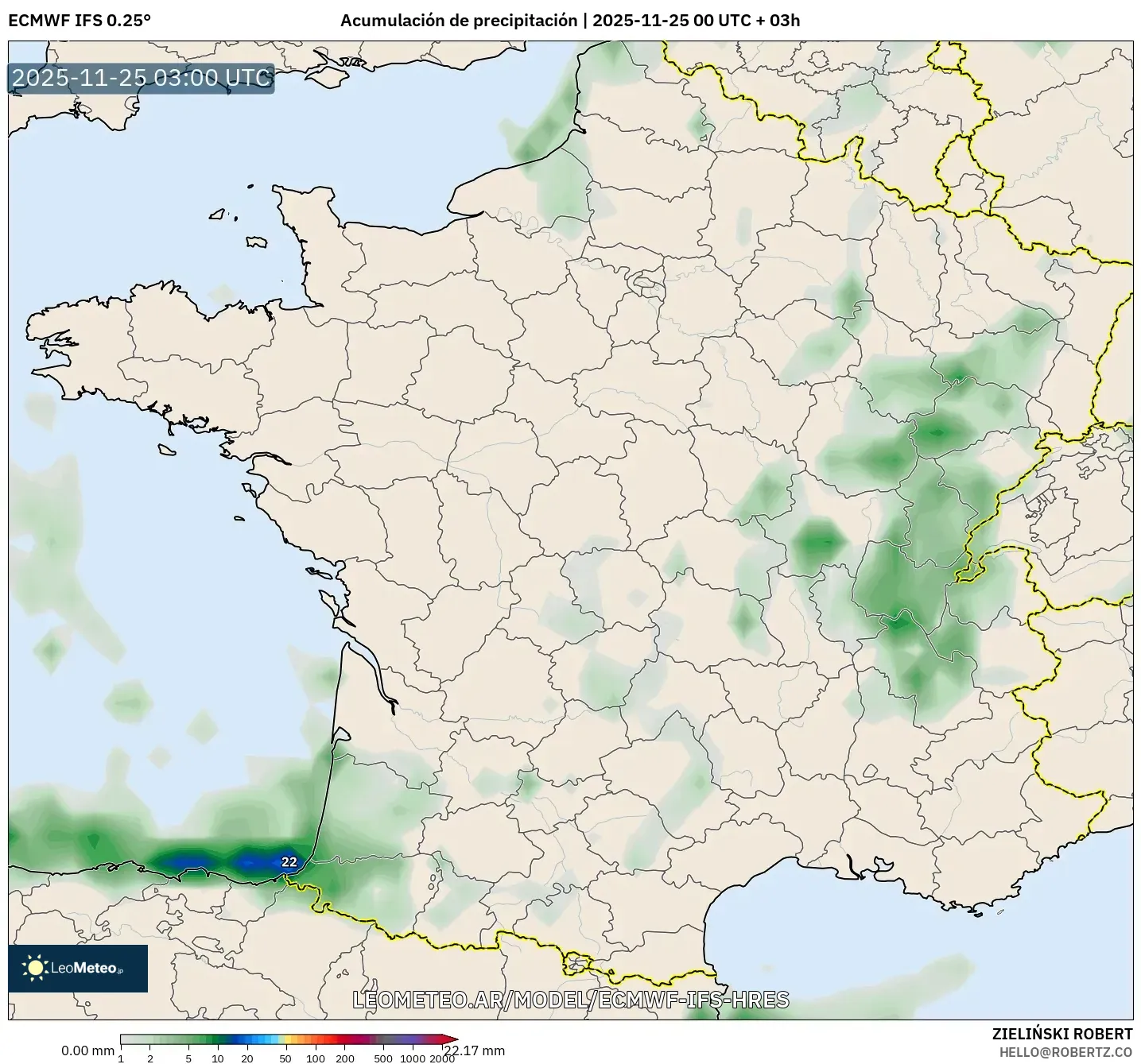 ECMWF IFS 0.25° model - Francia, Acumulación de precipitación