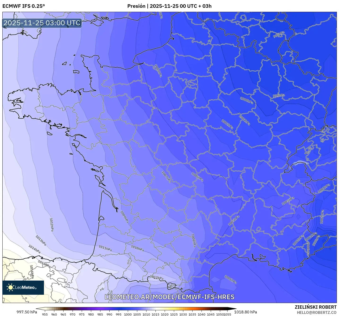 ECMWF IFS 0.25° model - Francia, Presión